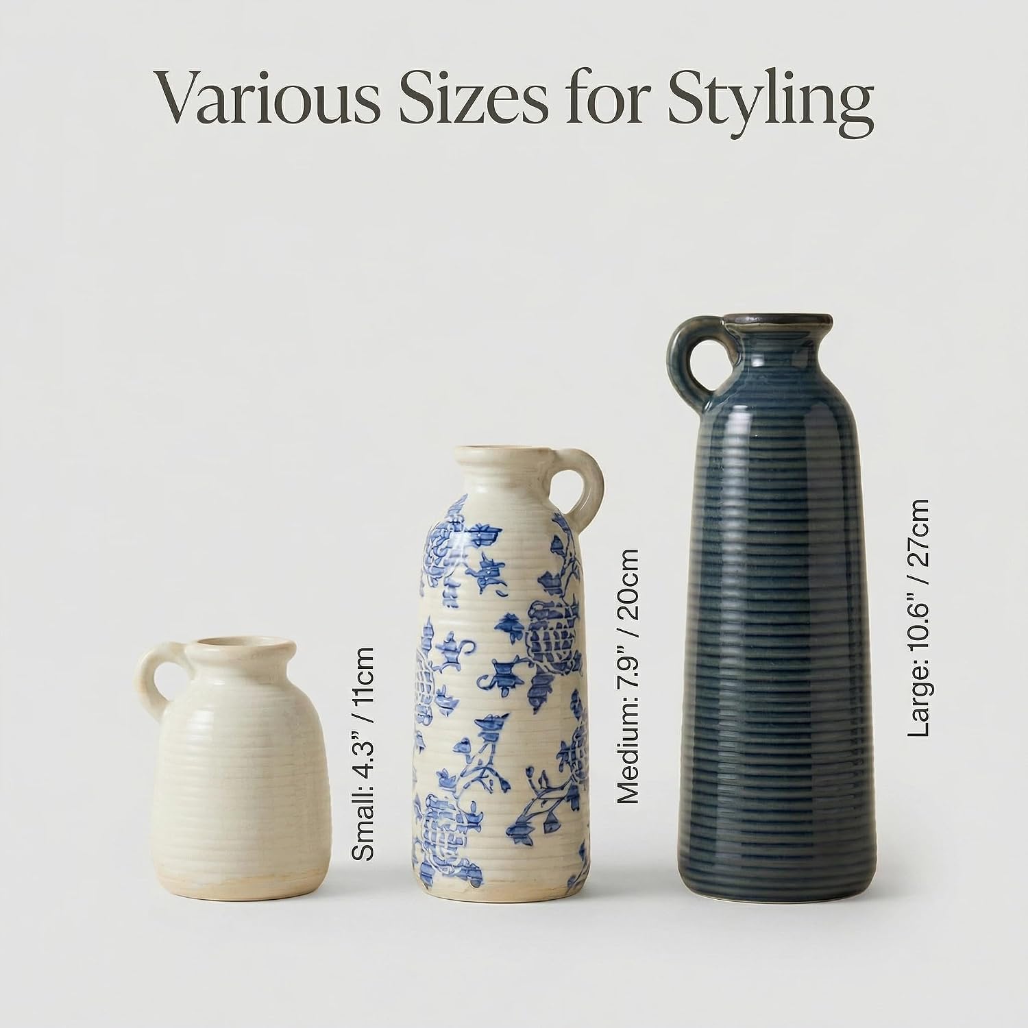 Ceramic Vase / Blue White Neutral Rustic Modern Farmhouse Boho Decor / Handle-blue White / Set of 3