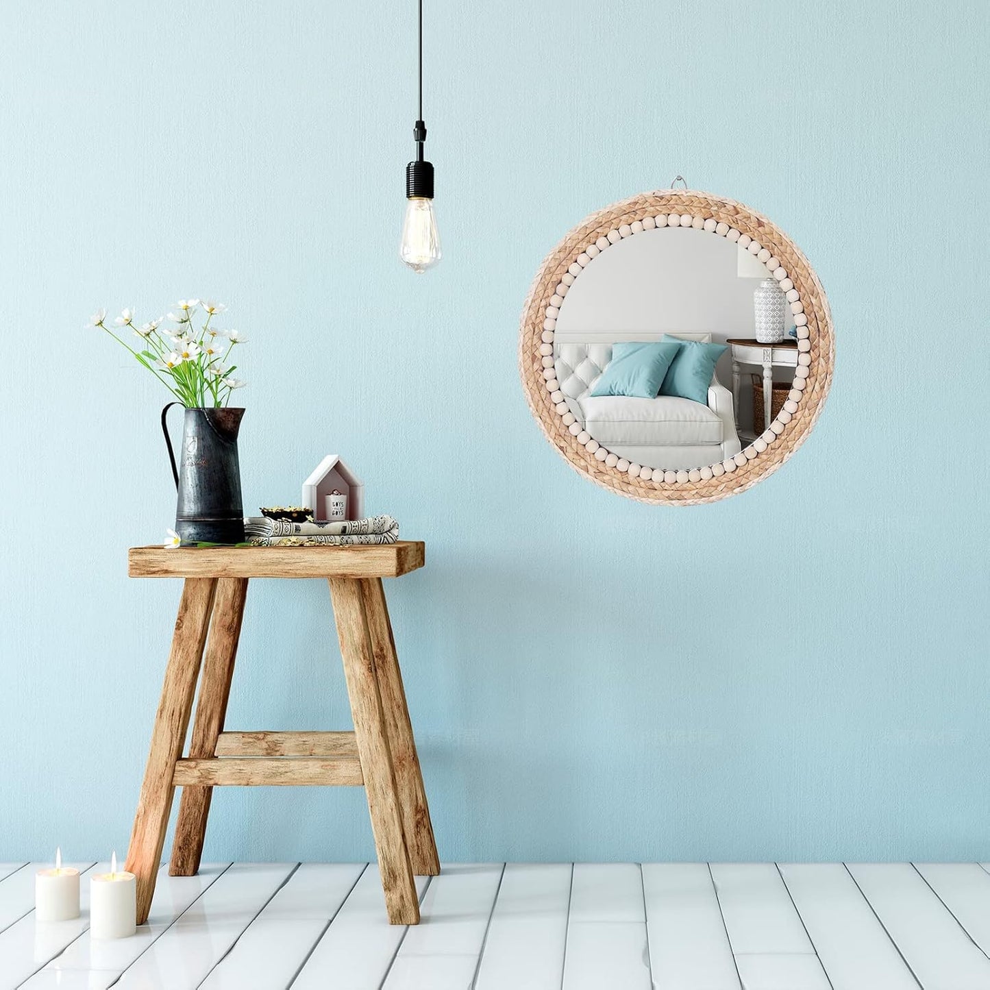 Boho Round Hanging Wall Mirror Decorative Rattan Circle Mirrors / 15 Inch Wood / 15 Inch
