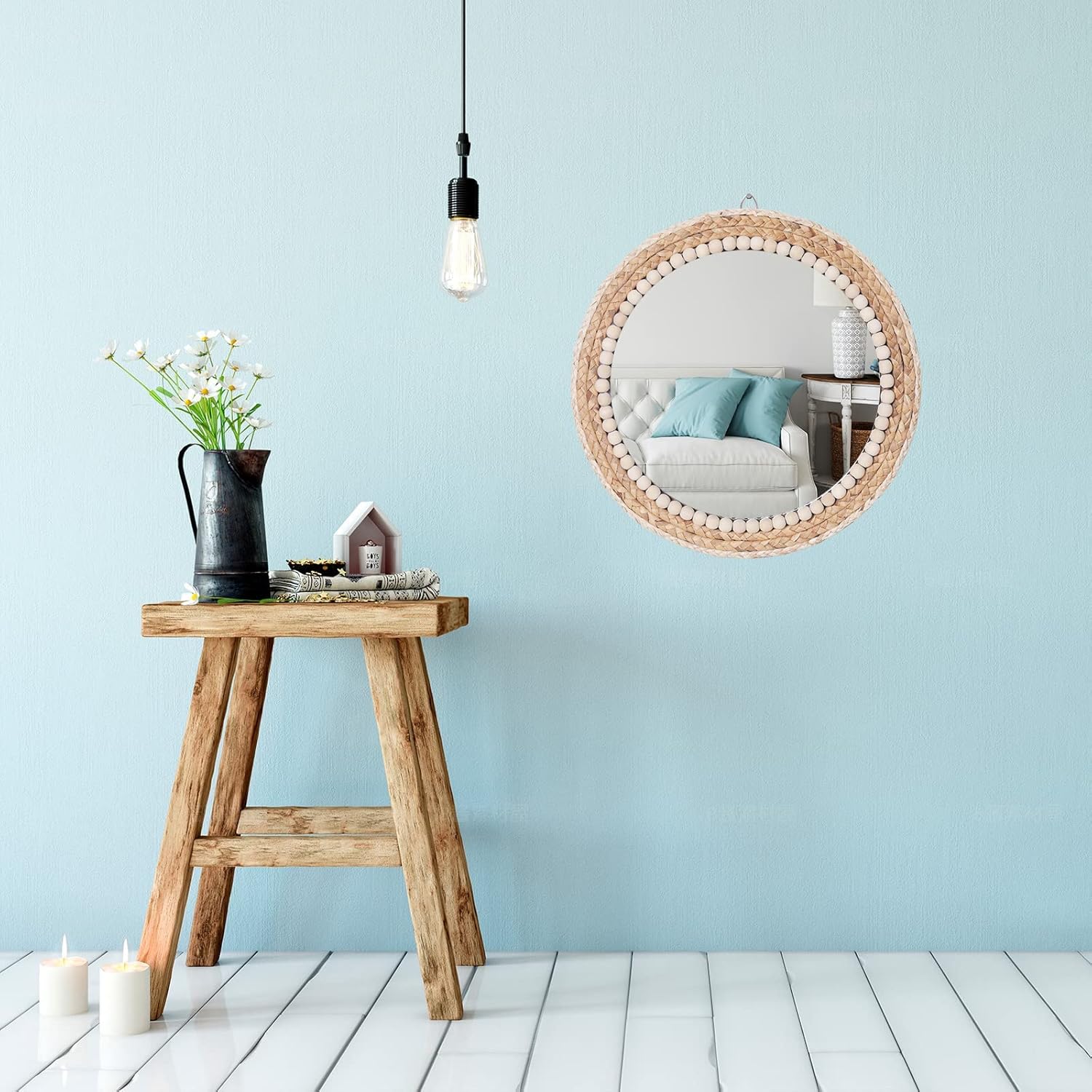 Boho Round Hanging Wall Mirror Decorative Rattan Circle Mirrors / 15 Inch Wood / 15 Inch
