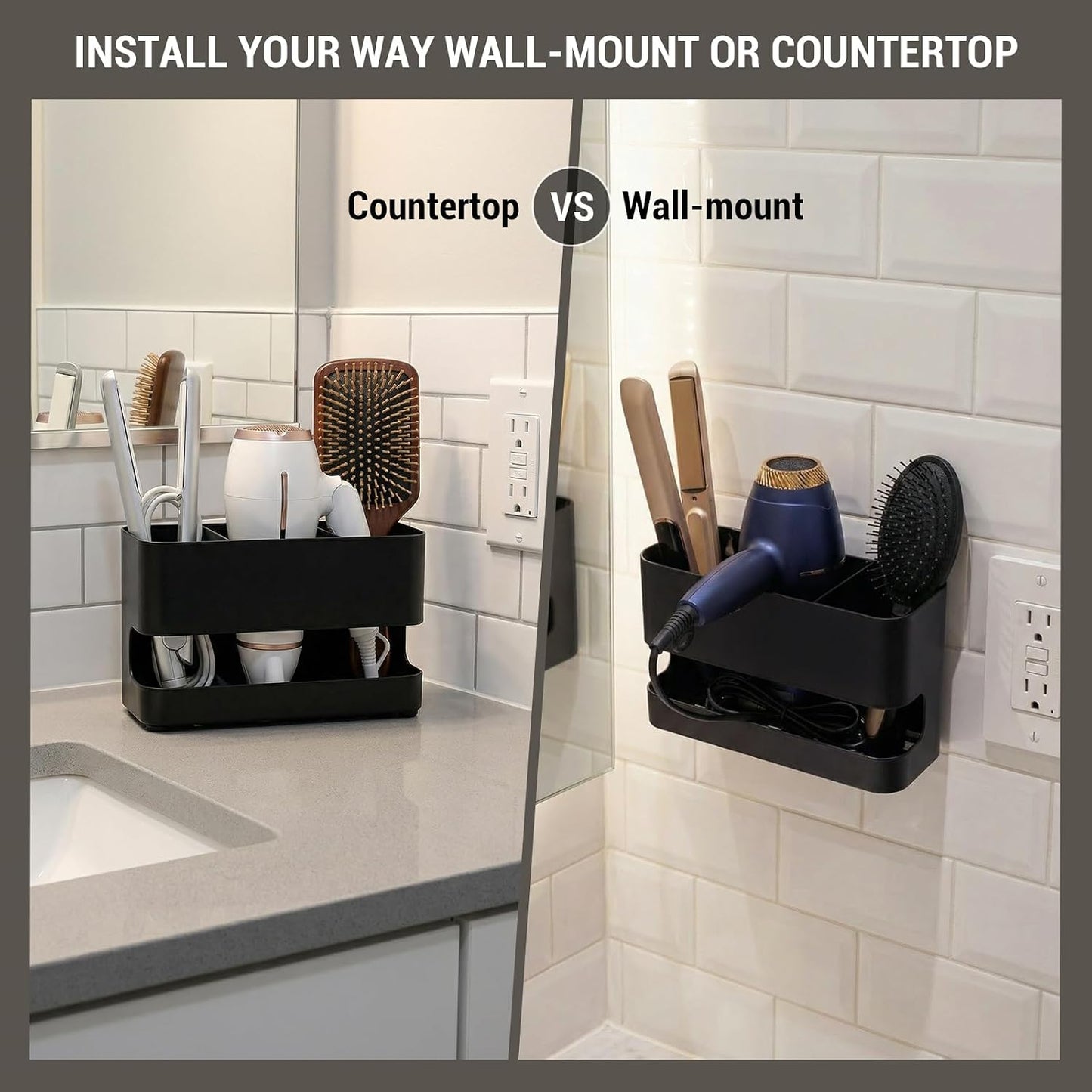 MyGift Wall Mount Salon Hair Tool Organizer with 3 Slots, Black Metal | Wall-mounted black metal storage features 3