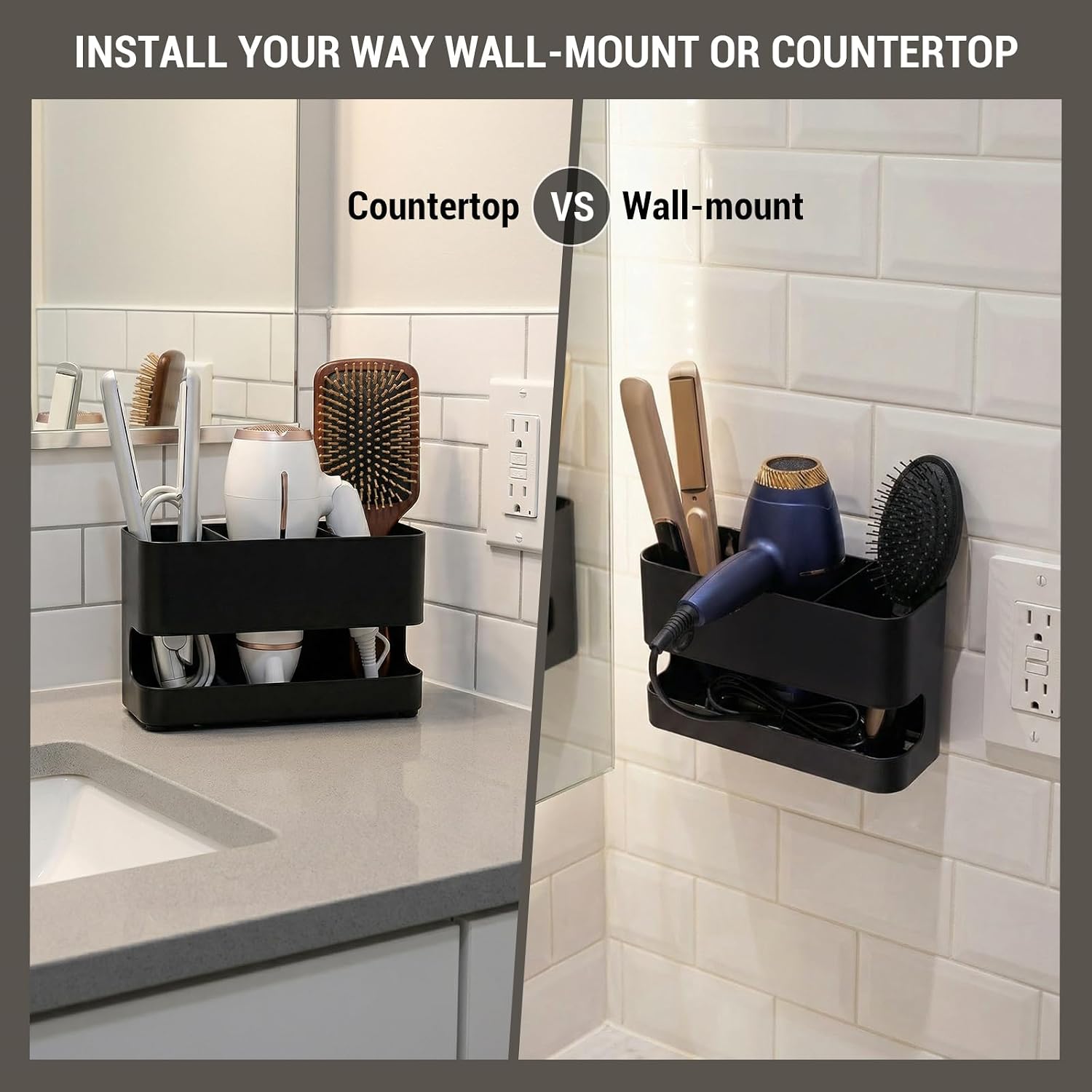 MyGift Wall Mount Salon Hair Tool Organizer with 3 Slots, Black Metal | Wall-mounted black metal storage features 3