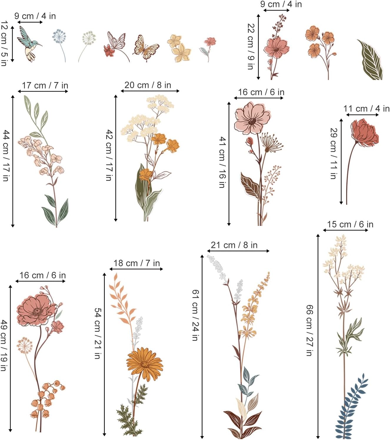Boho Flower Wall Stickers Wildflower Floral Grass Plants Peel and Stick Wall Art Decals for Baby