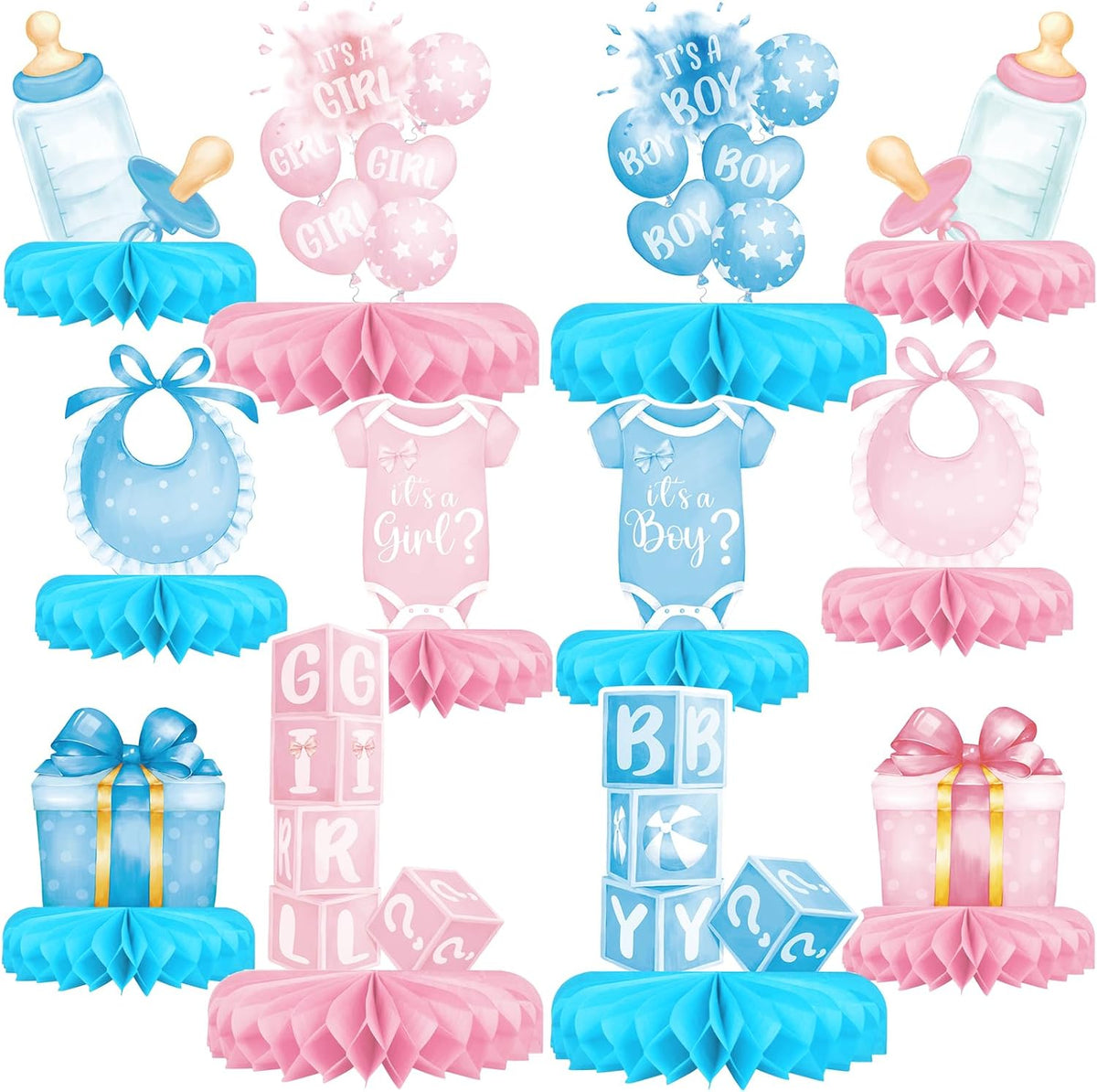 Gender Reveal Decoration Set - Includes Baby Reveal Table Decorations with Honeycomb Centerpiece for Boy or Girl Baby Shower Party Decoration