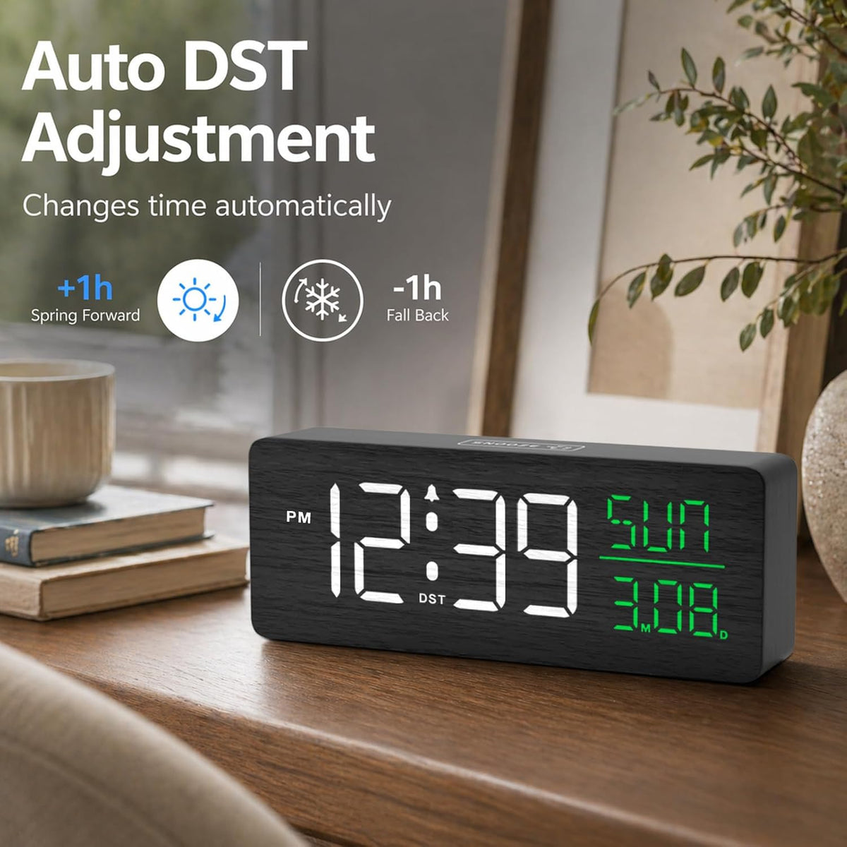 Peakeep Wooden Digital Alarm Clock Large Display, Textured Decoration | for Bedroom Living Room Desk Table, Electric