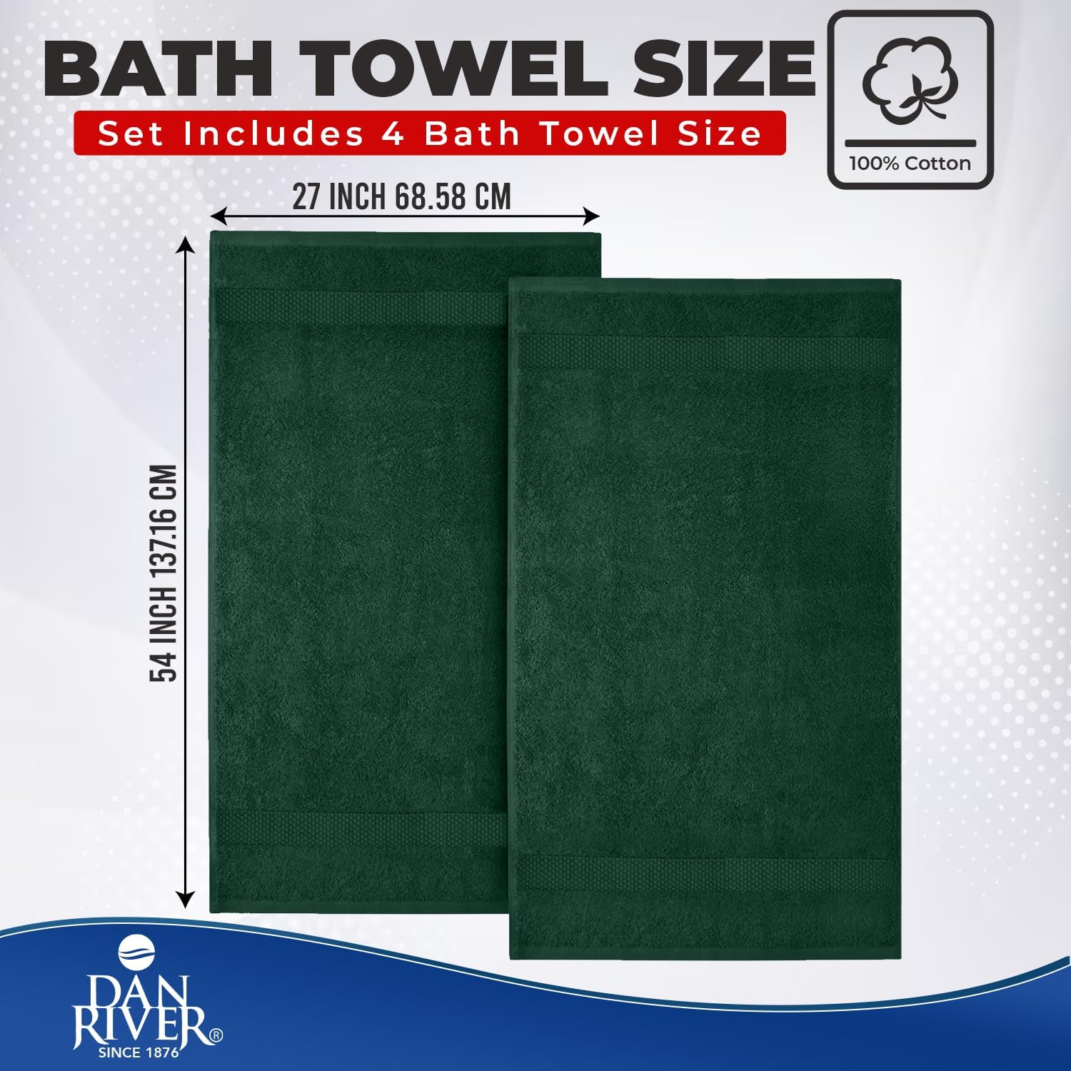 DAN RIVER 600 GSM Cotton Large Bath Towels Set of 4, 27 x 54 Inches H-Green | Larger & Lighter Weight Towels for