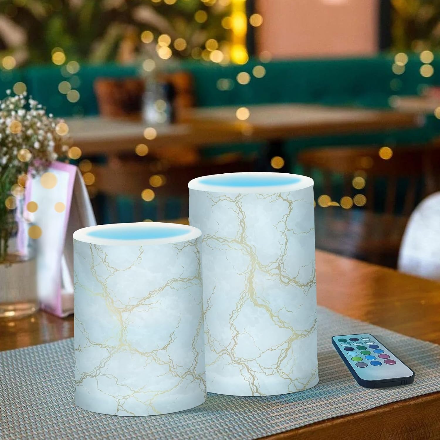 Flickering Flameless Candles, Marble Gray White Golden Texture LED Candles with Remote Timer, Set of 2 Battery Operated