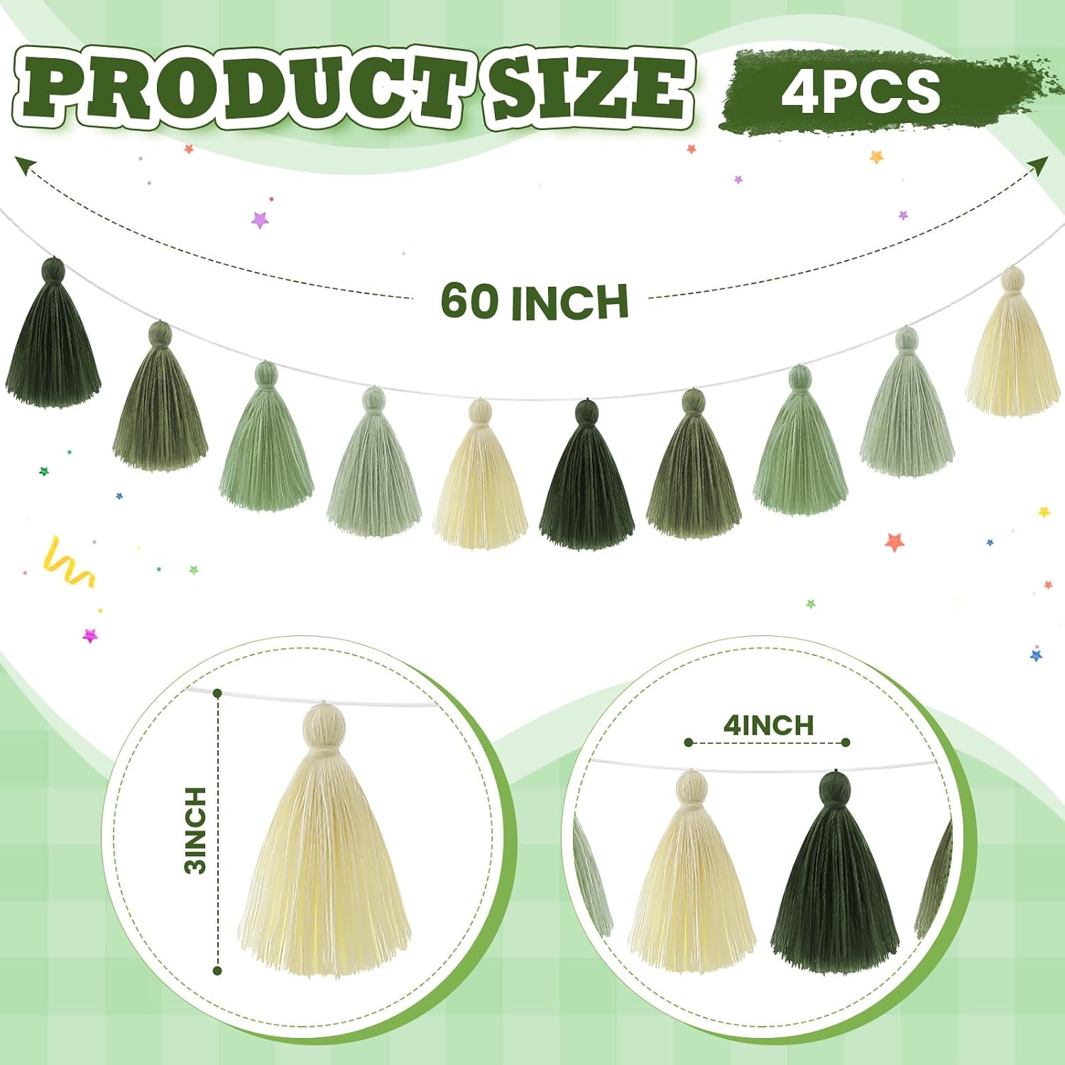 Tassel Garland Sage Green Forest Garland for Classroom Wall / 3.1 Inch / Green Colors / Set of 4