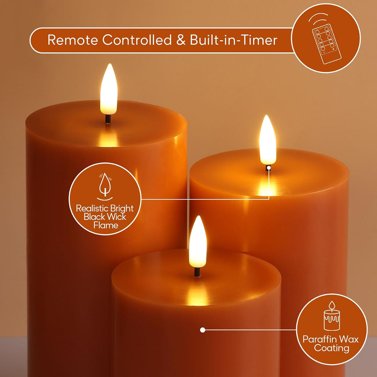 Burnt Orange Fall Halloween Flameless Pillar Candles with Remote Set of 3 | Flickering LED Wax Candles, 2 AA Battery