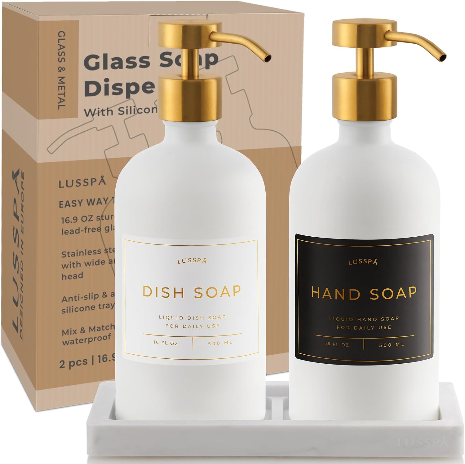 Glass Soap Dispenser Set of 2 (White) with Silicone Tray | Hand and Dish Soap Dispenser for Kitchen and Bathroom | 16.8