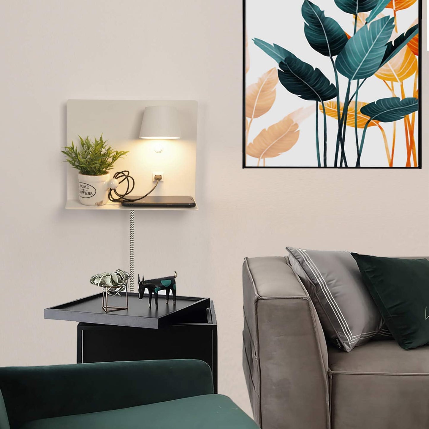 Wall Sconce with USB Port Charging, LED Wall Lamp with Shelf Plug in Cord Reading Lights for Bedside Adjustable