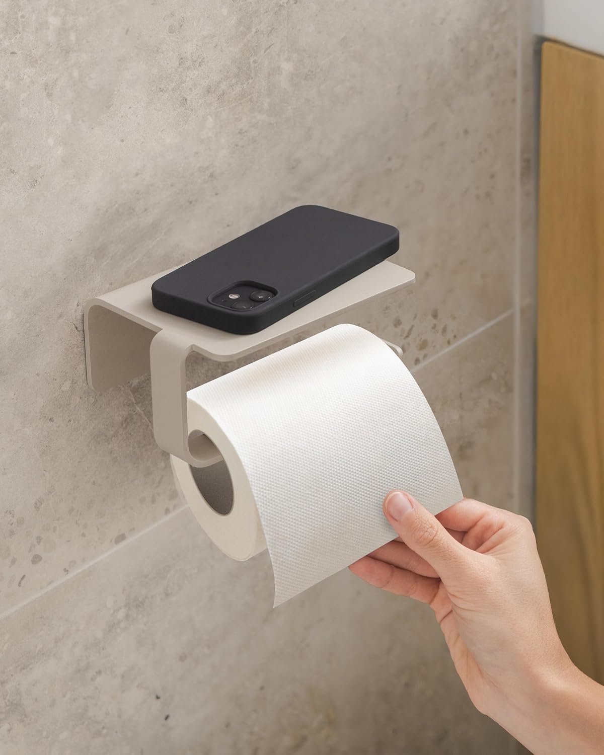 KAZAI. Toilet Paper Holder Wall Mount No Drill | Adhesive Toilet Paper Holder with Shelf | Bathroom Tissue Holder