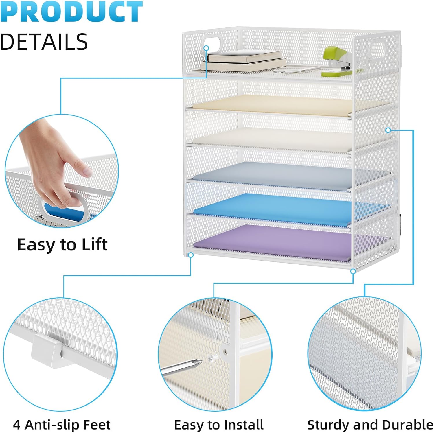 Marbrasse 6 Tier Paper Organizer Letter Tray - Mesh Desk File Organizer with Handle, Paper Sorter for Letter/A4 Office