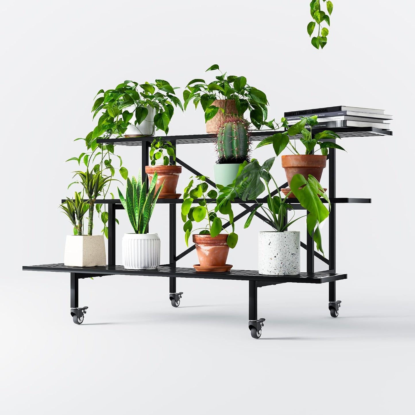 Zhongma 3 Tier Sturdy Metal Plant Stand with Wheels, L45.67 x W26 x H26 inch, Heavy Duty Plant Holder for Home Indoor