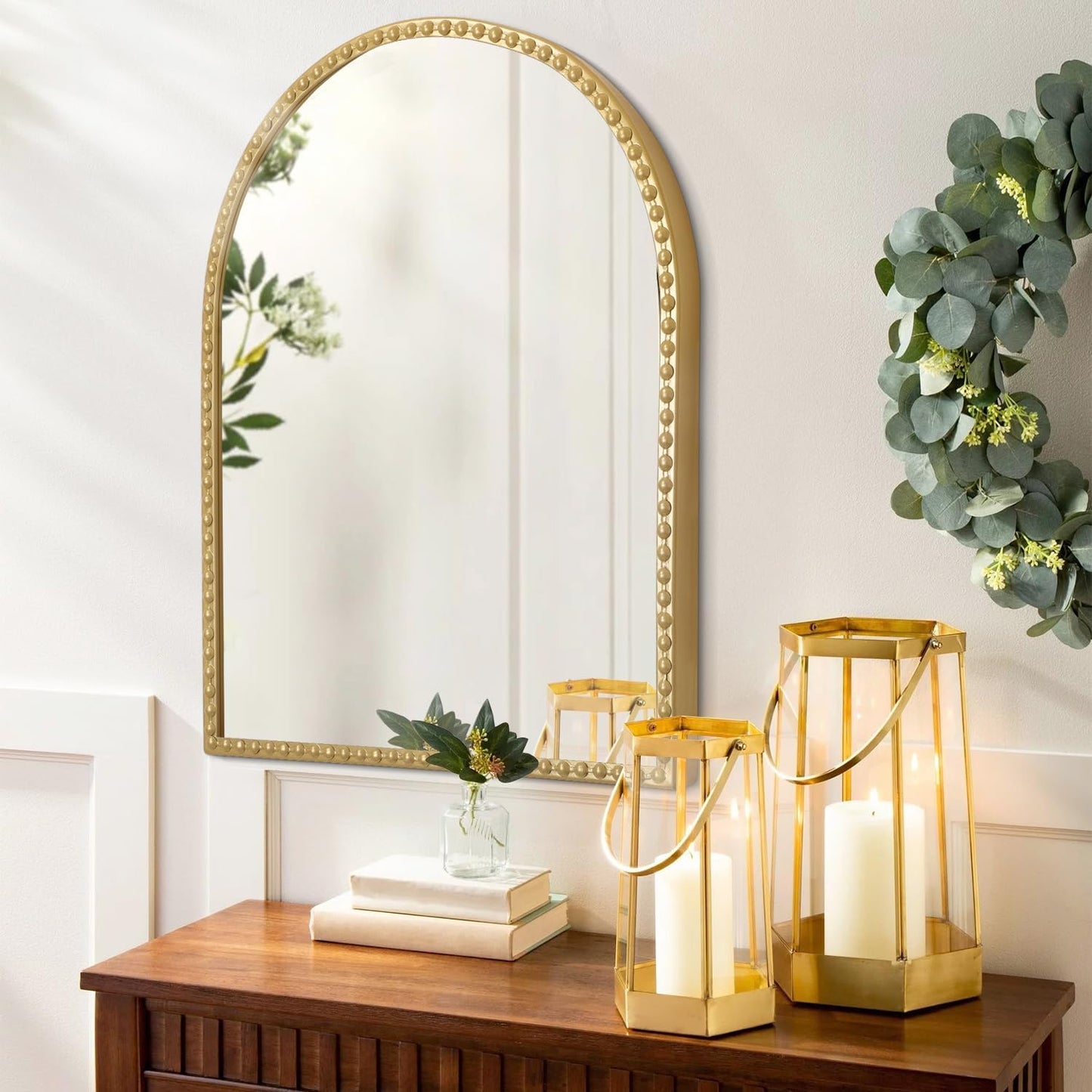 Beaded Framed Metal Accent Wall Mirror Decorative Bathroom Living Room Bedroom / 30"L x 20"W / Gold