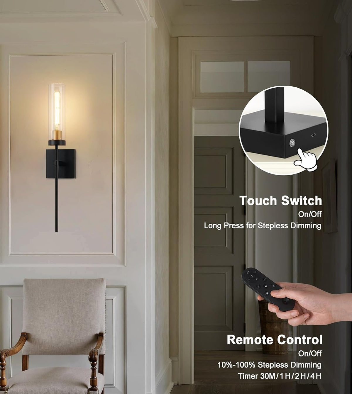 Battery Operated Wall Sconce Set of 2, Black & Gold Wireless Sconces Wall Decor, Rechargeable Wall Lights for Bedroom