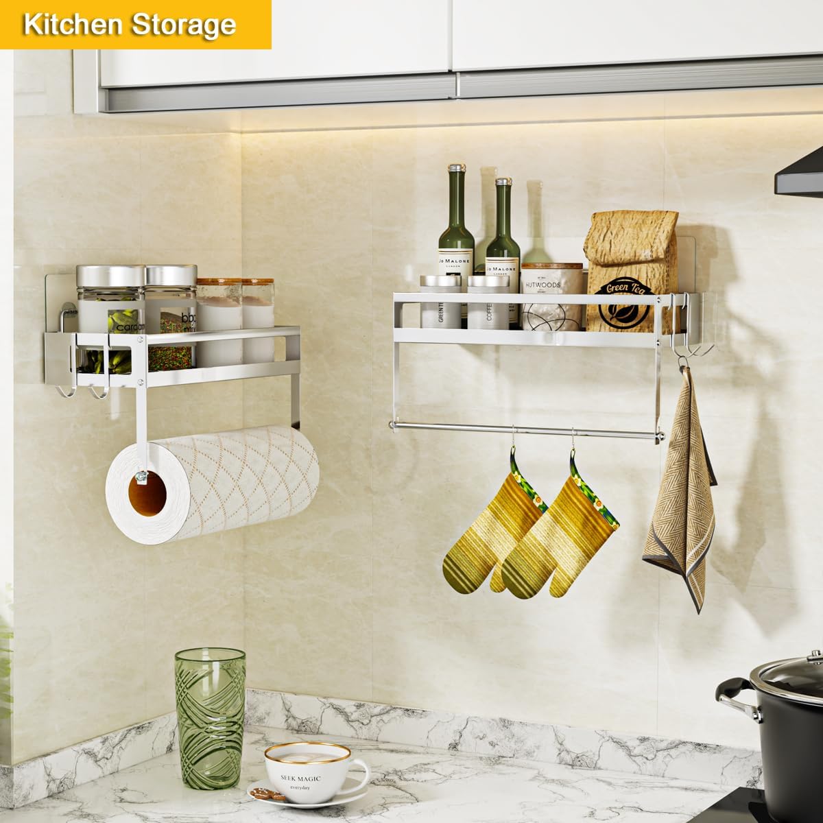 Paper Towel Holder with Shelf, Adhesive Wall Mount, Brushed Nickel | SUS304 brushed finish, 2in1 design Adhesive or