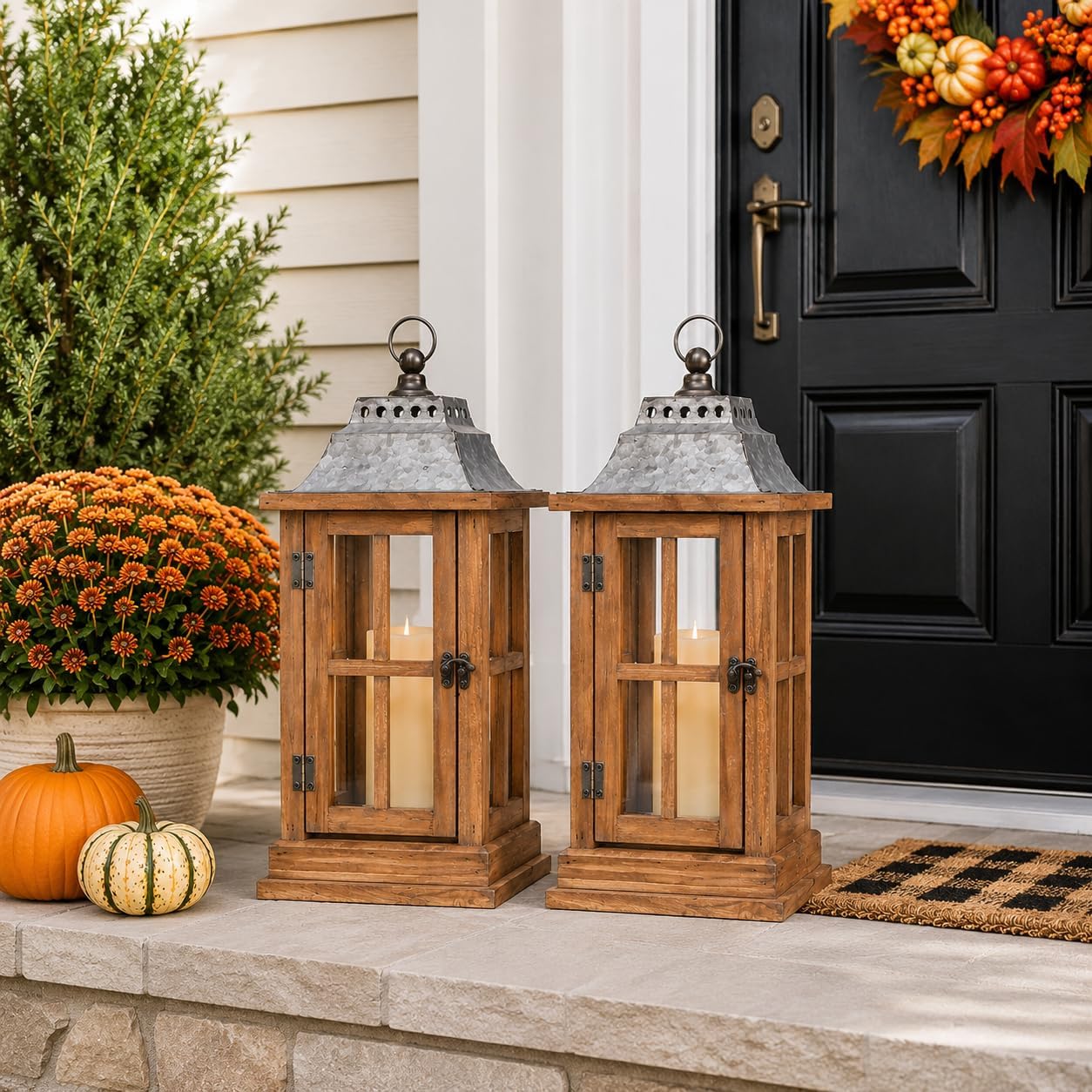 Bdor 15 Inch Outdoor Decorative Lanterns, Set of 2 Wooden Candle Lanterns | Tempered glass, galvanized tops, decorative