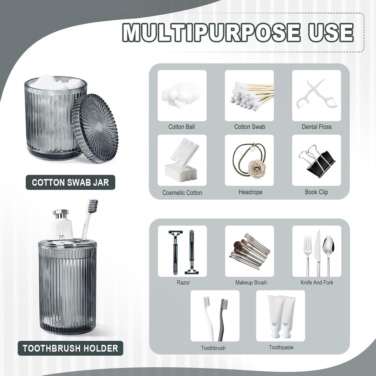 KASUNTING Gray Glass Bathroom Accessories 4 Pcs, Grey Bathroom Set, Soap Dispenser and Toothbrush Holder Set, Qtip