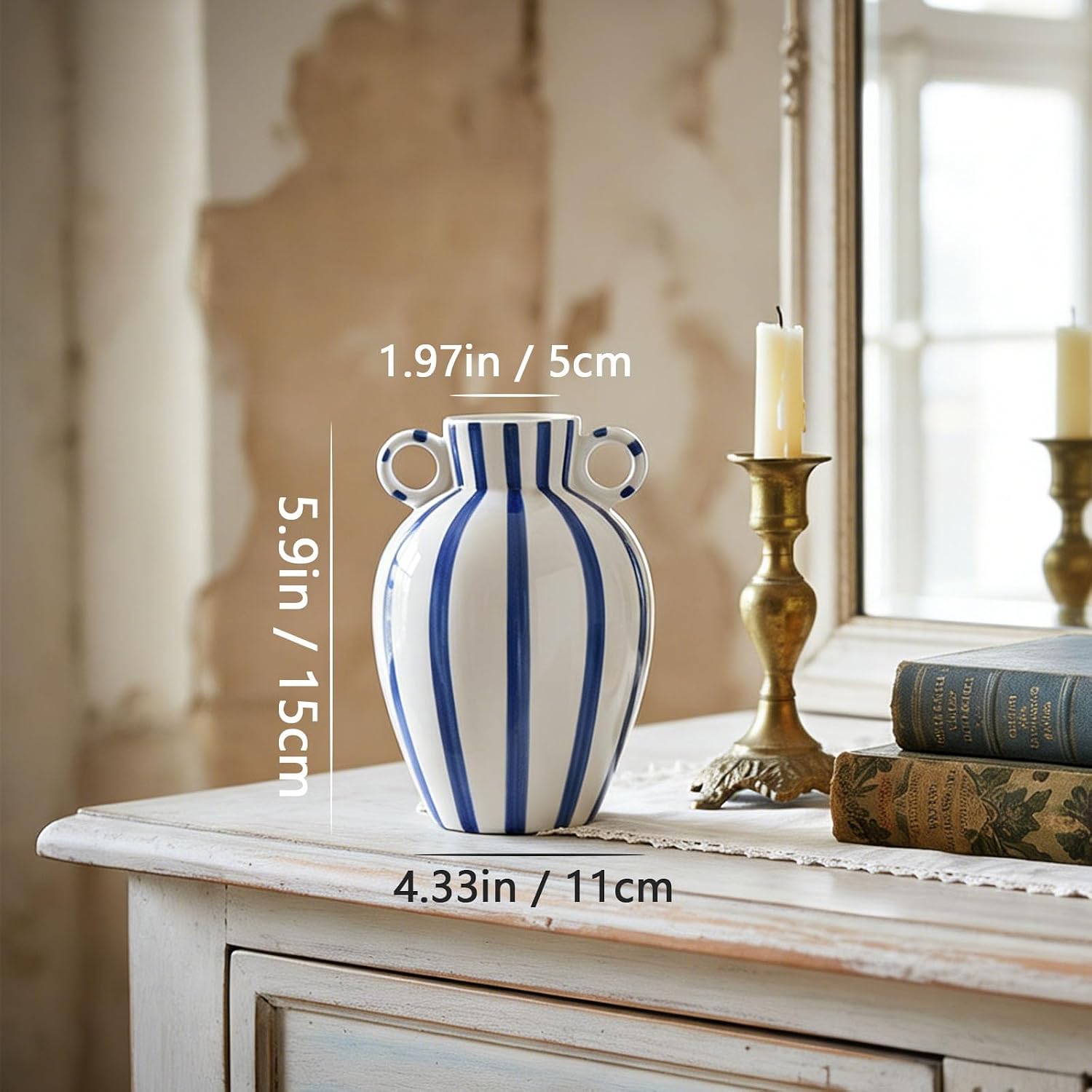 Ceramic Striped Flower Vase / Blue