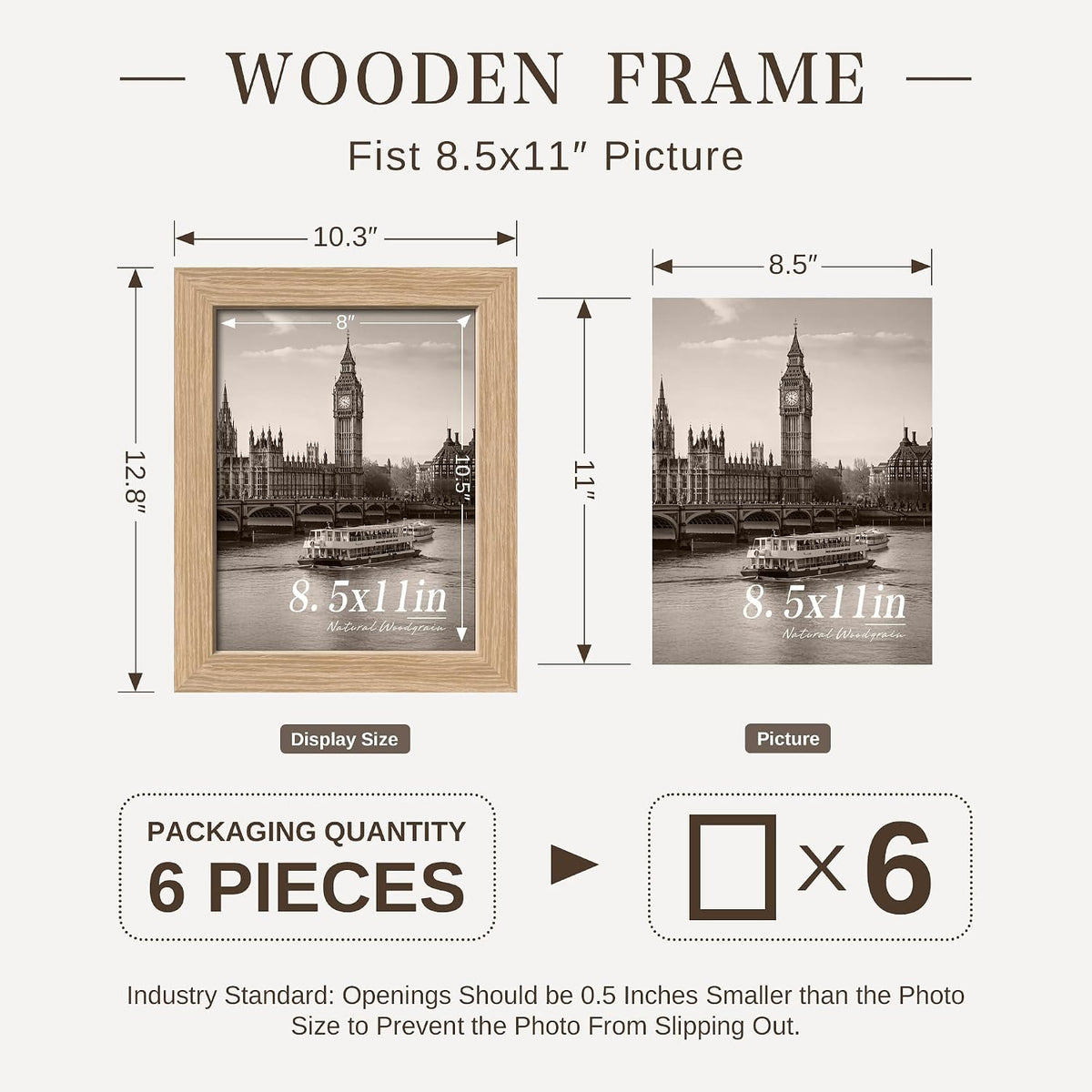 VCK 8.5 by 11 Picture Frame Set of 6, Elegant Oak Wood Photo Frame | 1.1in Wide Border, Tabletop/Wall Hanging, HD