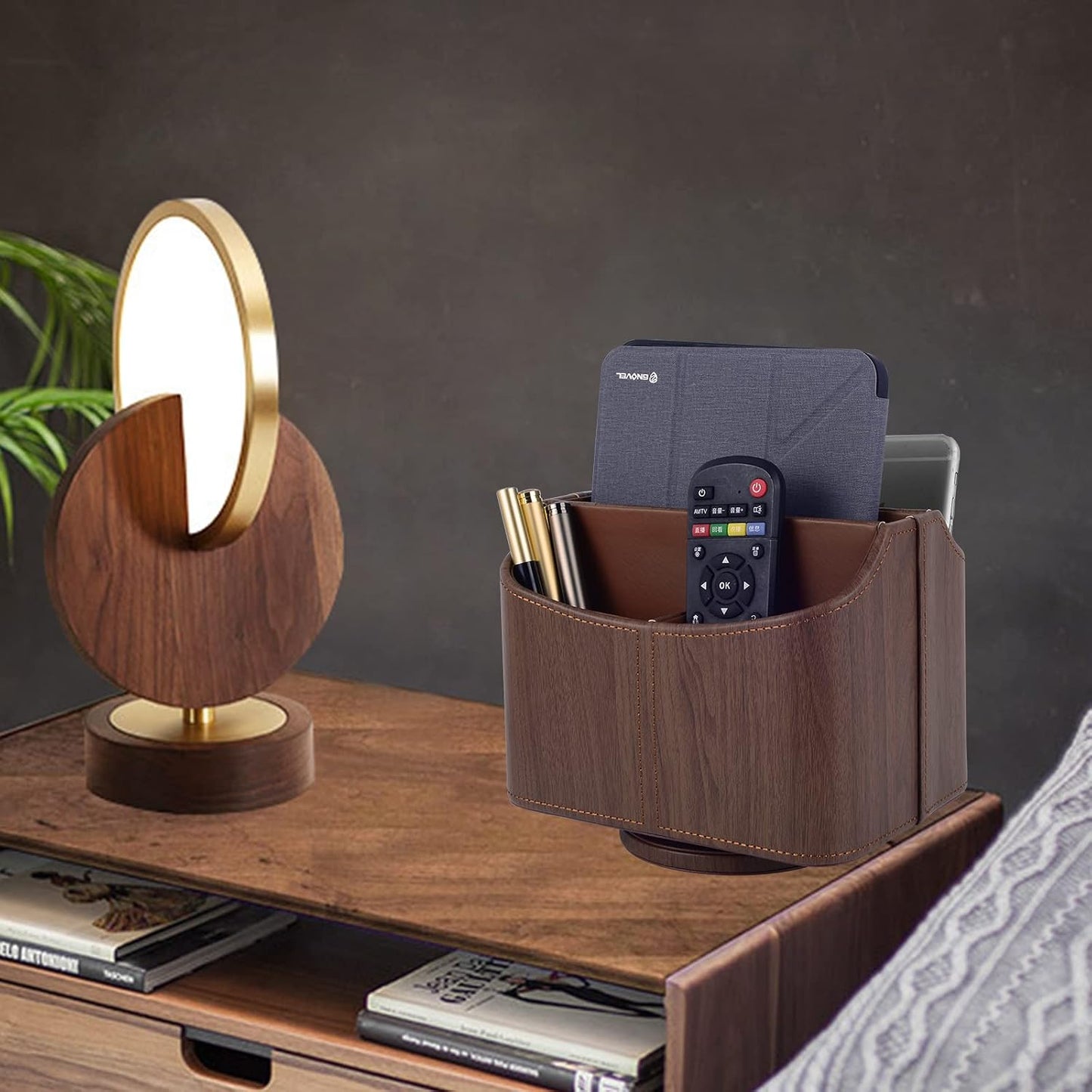 360 Degree Swiveling TV Remote Control Holder/Caddy / Dark Wood Grain / Brown