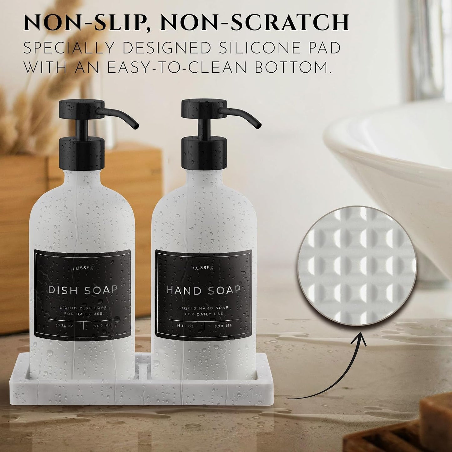Glass Soap Dispenser Set of 2 (White) with Silicone Tray | Hand and Dish Soap Dispenser for Kitchen and Bathroom | 16.8