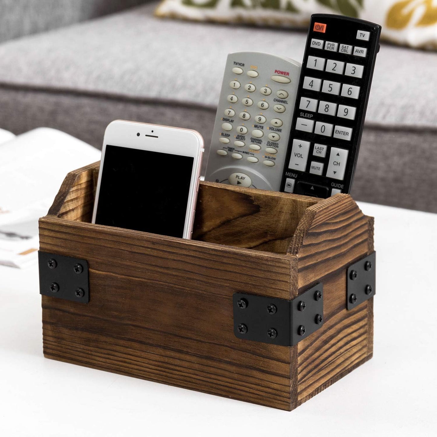 Wood TV Remote Control Holder / Burnt Wood / Black