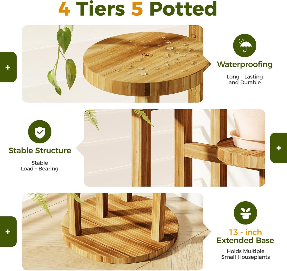 Bamworld Plant Stand Indoor Wood Plant Shelf 4 Tier Brown | plant holders for Multiple Plants Tall Corner Plant Stands