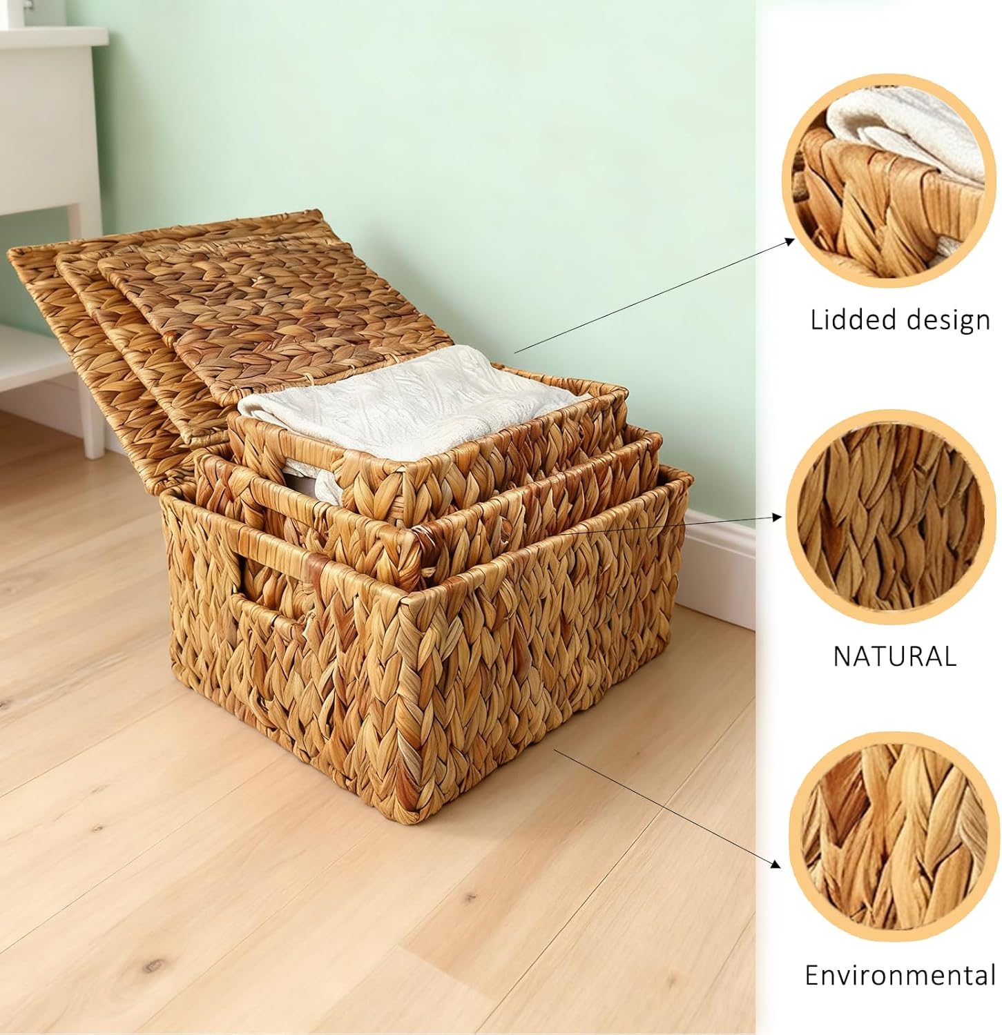 Wicker Storage Baskets / Water Hyacinth Color / Set of 3
