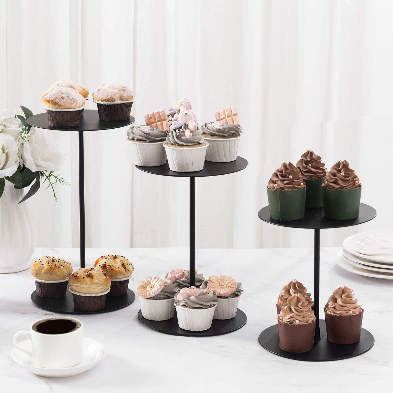 MyGift Decorative Black Metal Cupcake Stand, Tabletop Food Display Riser, Retail Showcase Pedestal Stand, Set of 3