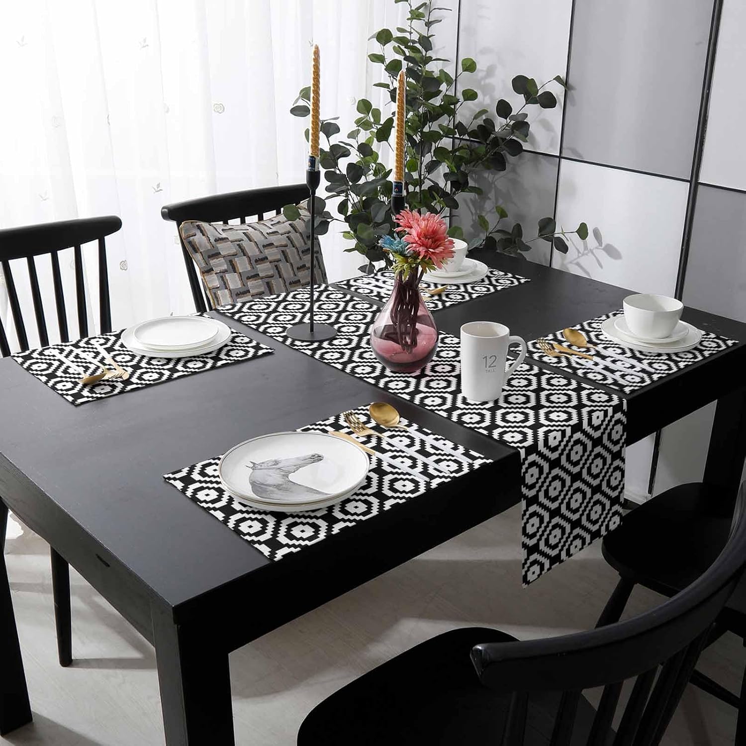 Black White Geometric Table Runner with Placemats Set of 6, Cotton Linen Kitchen Dining Mats Long Table Cover 16"x72"