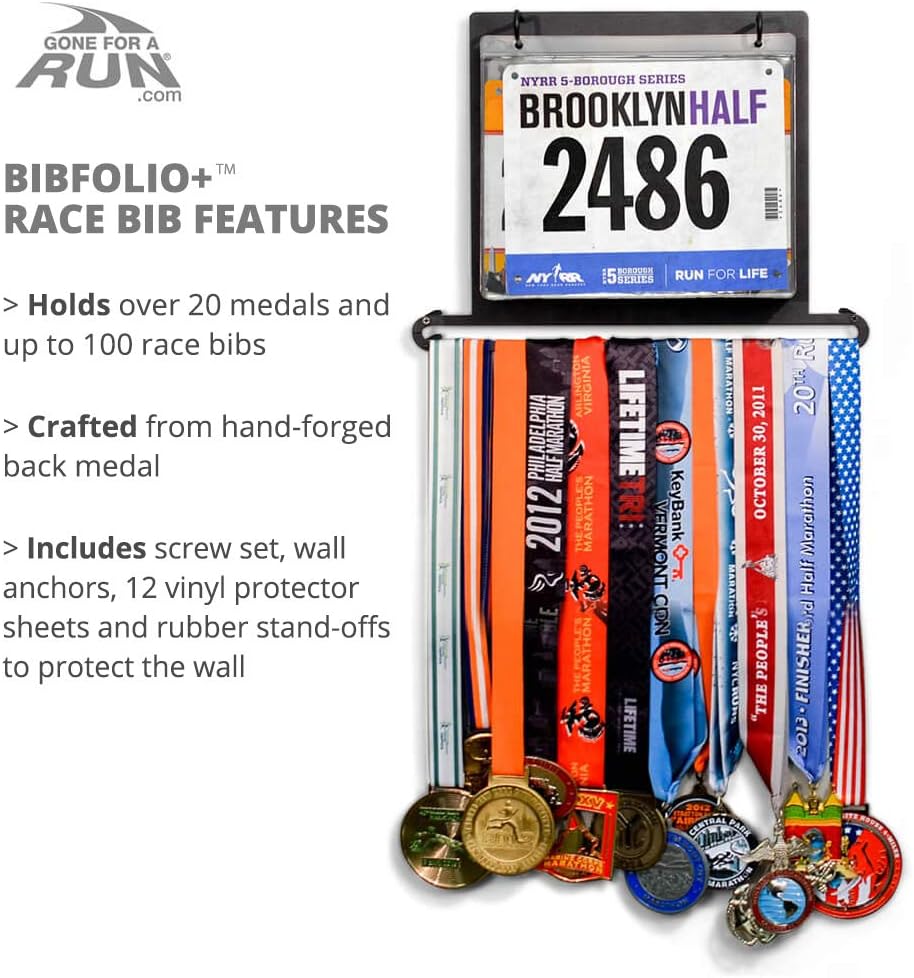 Gone For a Run BibFOLIO+ Race Bib & Medal Display Holds 24 Medals 100 Bibs | Medal Wall Mount, Clear Vinyl Bib