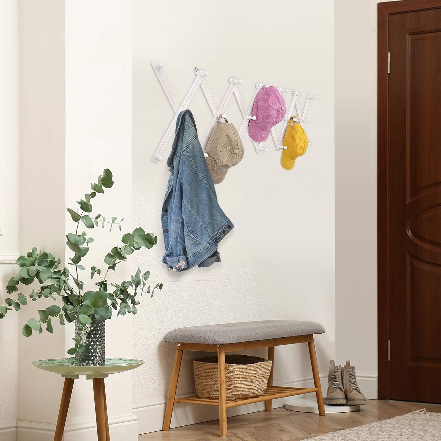 SCUNDA Accordion Wall Hanger with 20 Hooks, Wooden Wall Expandable Coat Rack for Coat, Hats, Baseball Caps, Coffee Mug