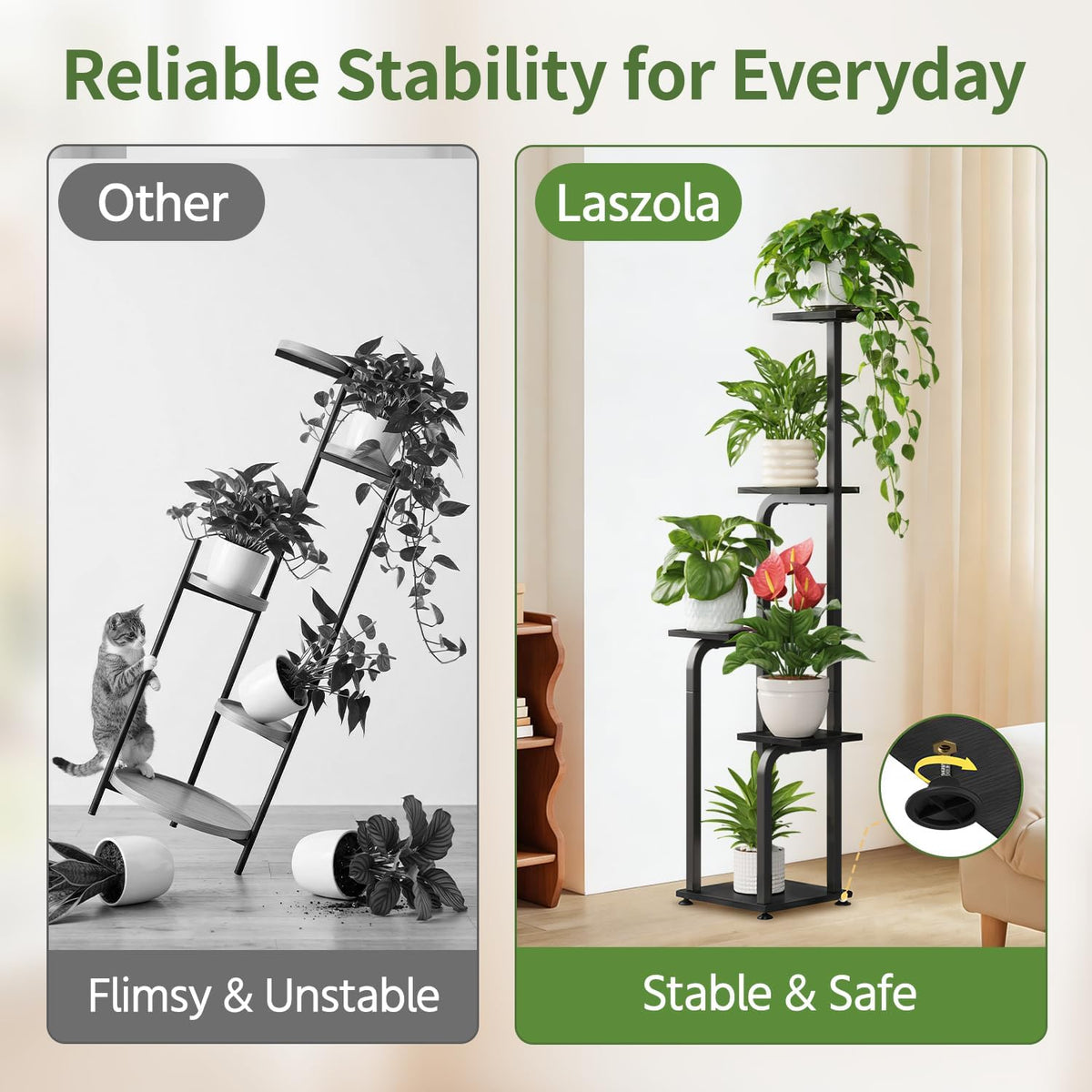 LASZOLA Plant Stand Shelf Tall for Indoor Corner Flower Rack, 5 Tier Black | Modern Multiple Display with Wooden Tray