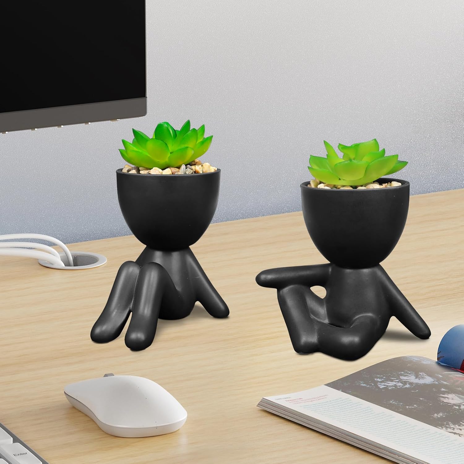 Artificial Succulent Plants in Human Shaped Pots / Black / Set of 4