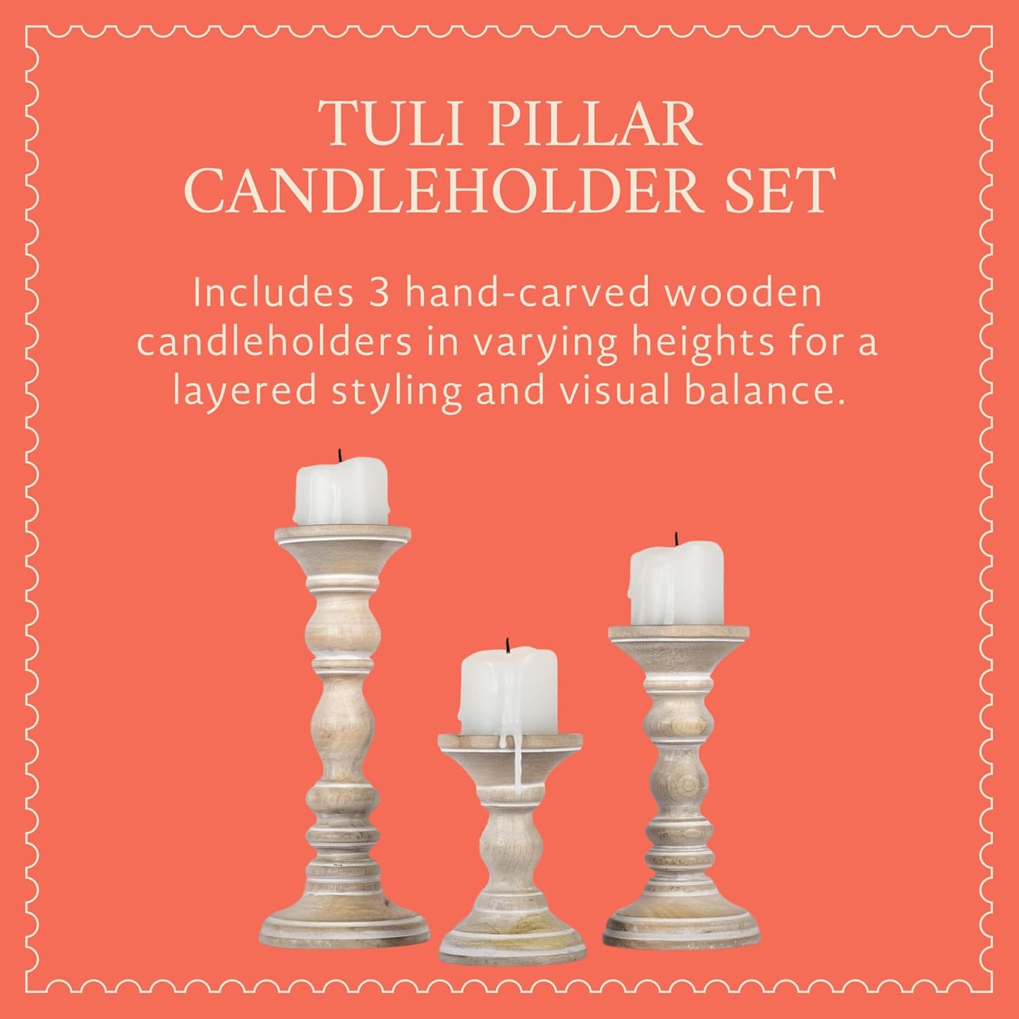 Mango Wood Candle Holders - Whitewash Finish, Set of 3 | Hand-carved decorative pillar stands curated to accent cozy