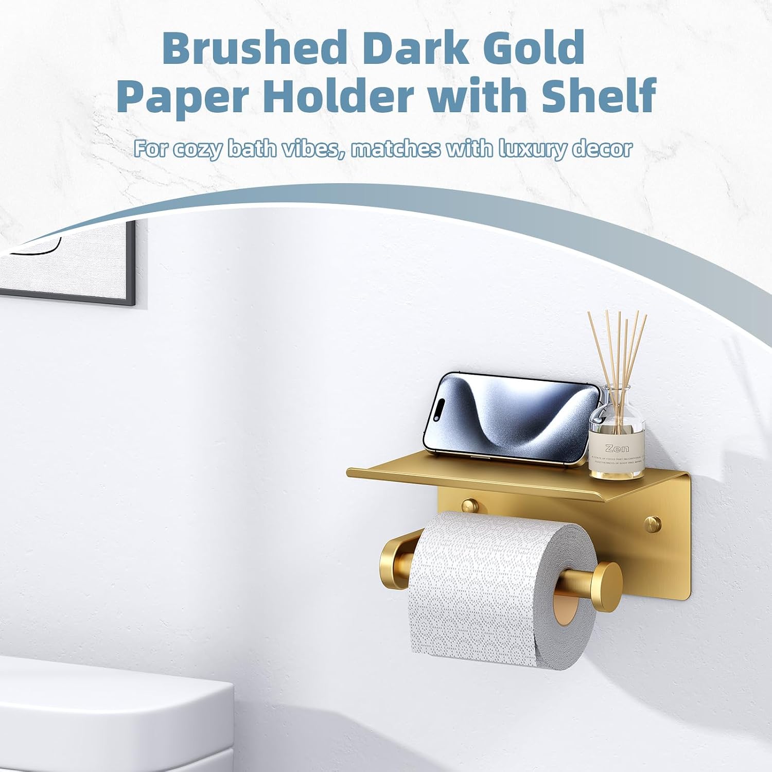 APLusee Toilet Paper Holder, Brushed Gold, 304 Stainless Steel | Wet Wipes & Air Freshener Storage, Space-Saving