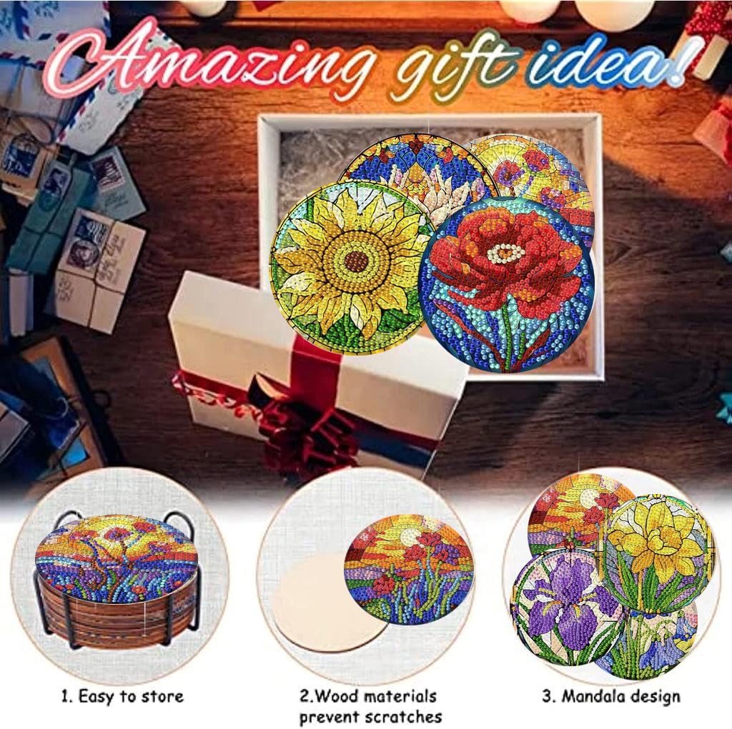 Diamond Art Coasters Flowers Diamond Painting Coasters Kits Flower / Flowers Coasters / Set of 8
