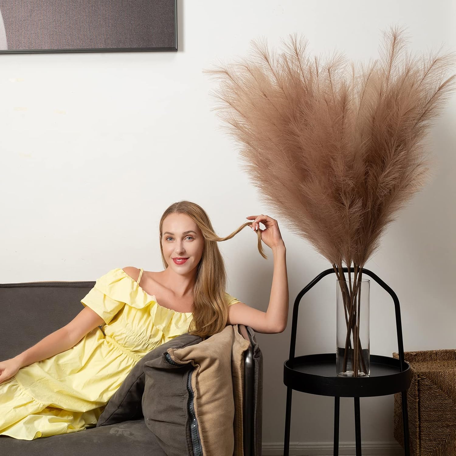 43"/110cm Faux Pampas Grass 6 Stems Large Pompass Grass Branches Tall Bulk Boho Flower / Taupe