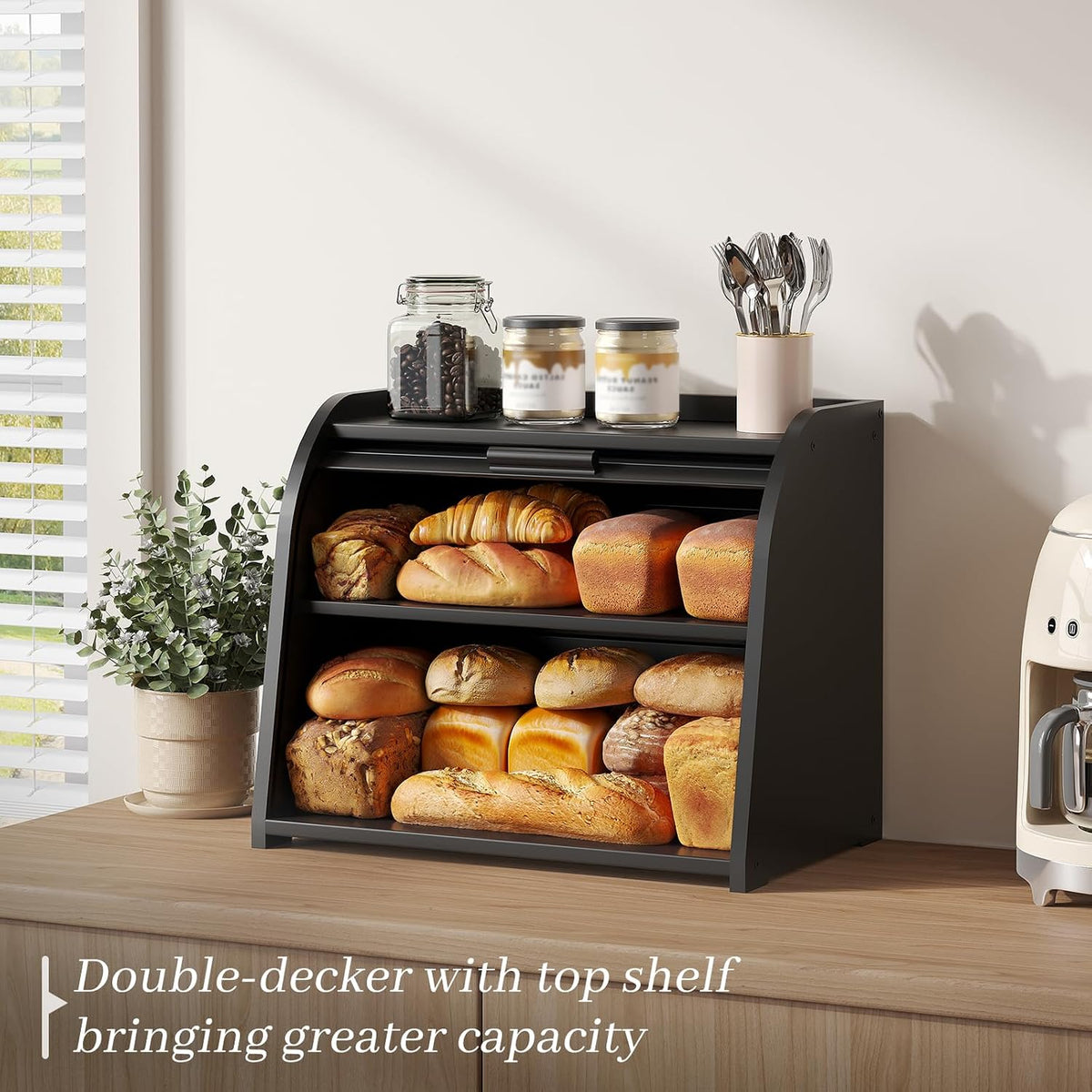 Kitsanery Bread Box for Kitchen Countertop, Bamboo Bread Storage, Double-Layer Roll-Top Bread Container, Farmhouse