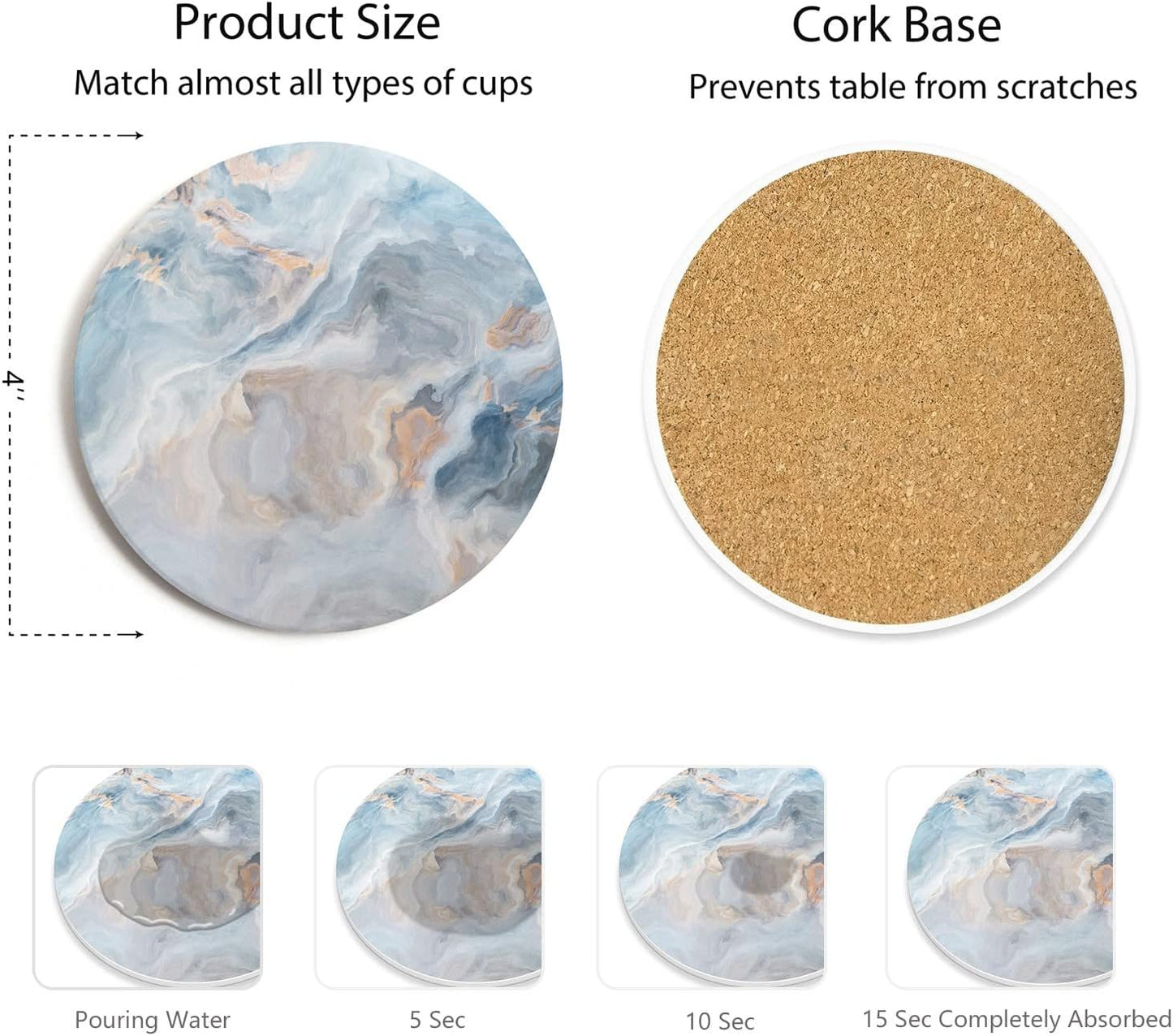 Holder / Absorbent Ceramic Coasters for Drinks / Abstract Blue Marble / Set of 6