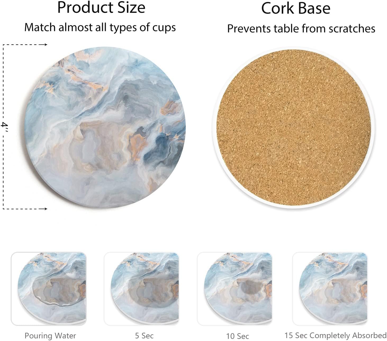 Holder / Absorbent Ceramic Coasters for Drinks / Abstract Blue Marble / Set of 6