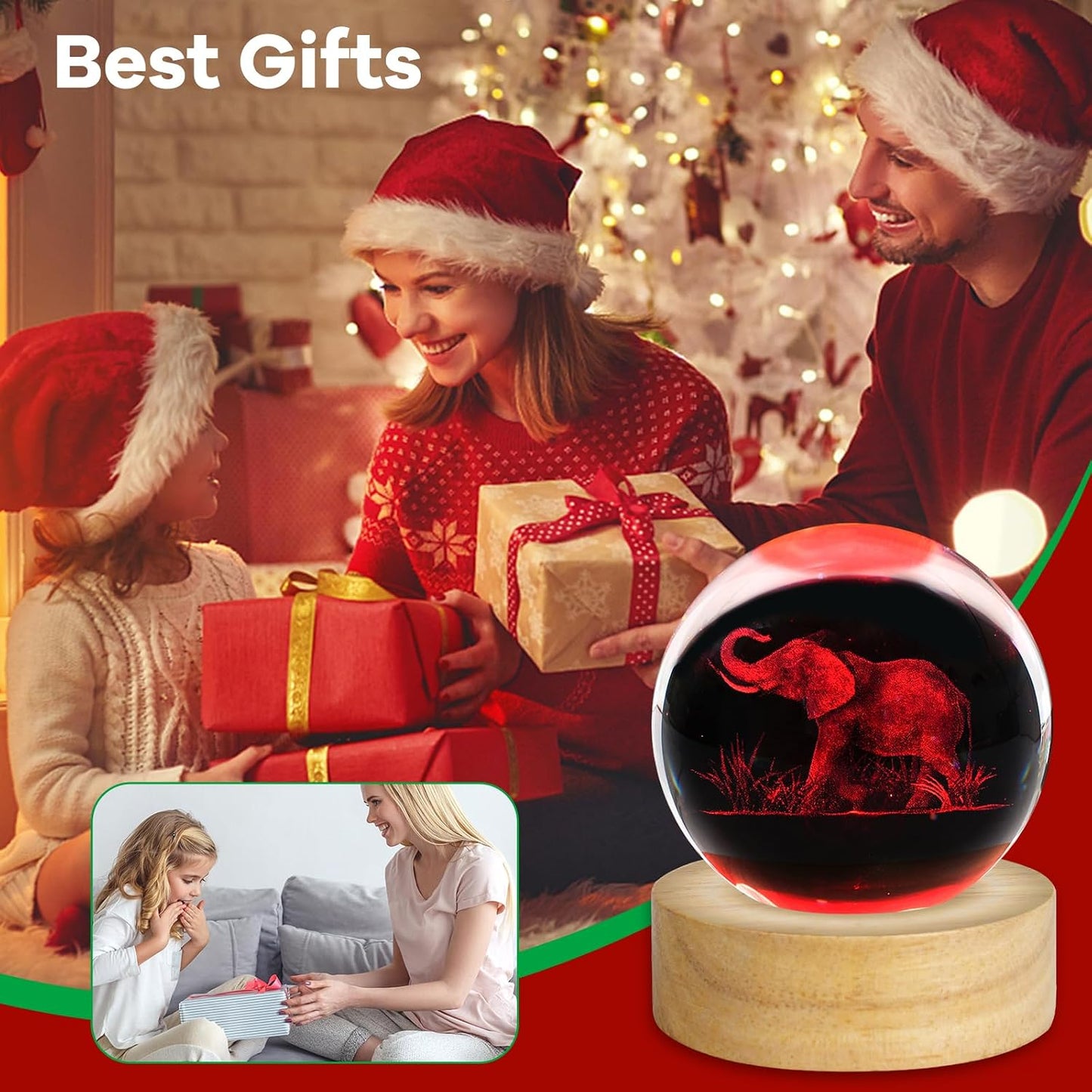 3D Engraved Crystal Ball Night Light Figurines Decor Table Lamp / Elephant / 2.4 Inch