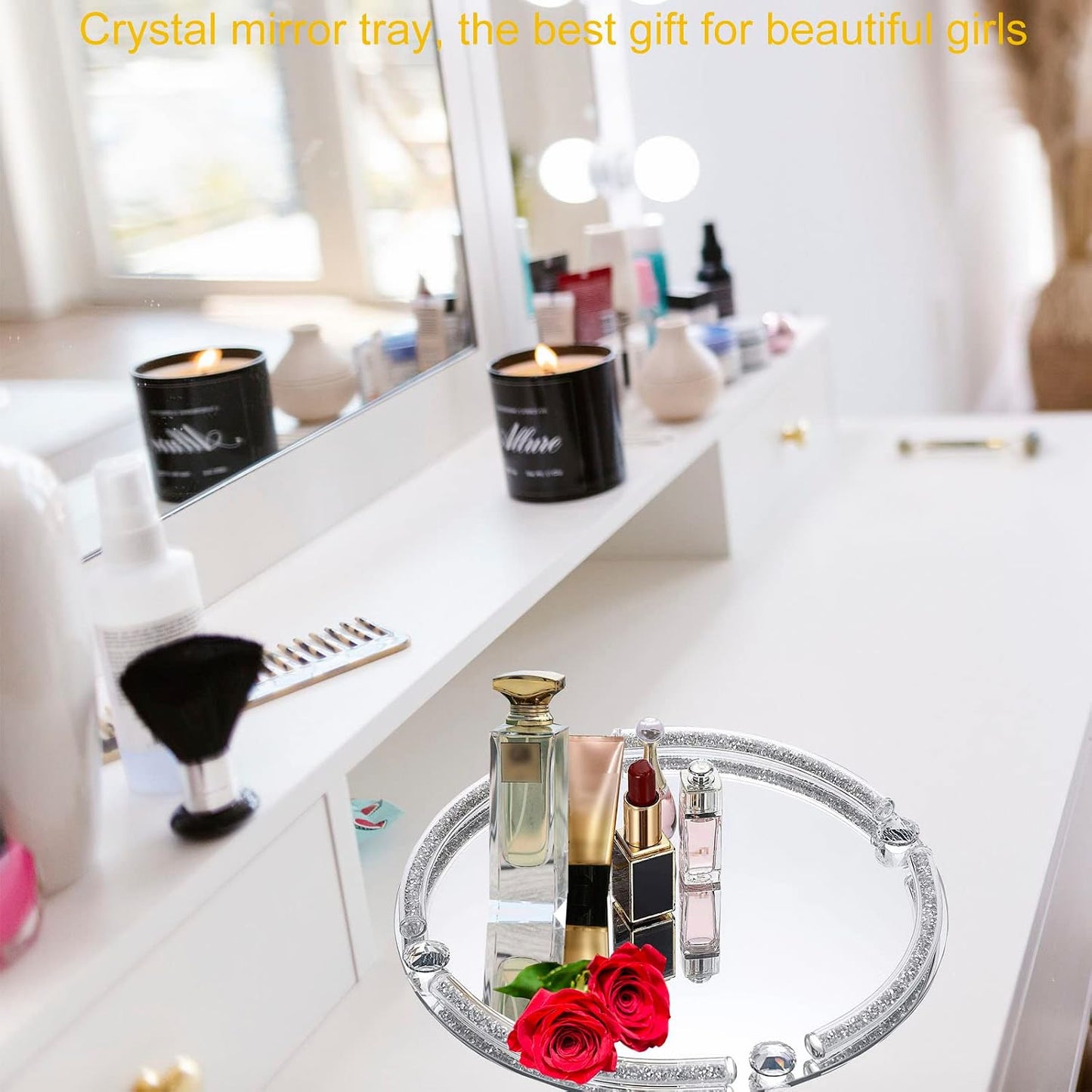 Mirror Glass Makeup Vanity Organizer Filled Crushed Diamond / Silver B / 10 x 10