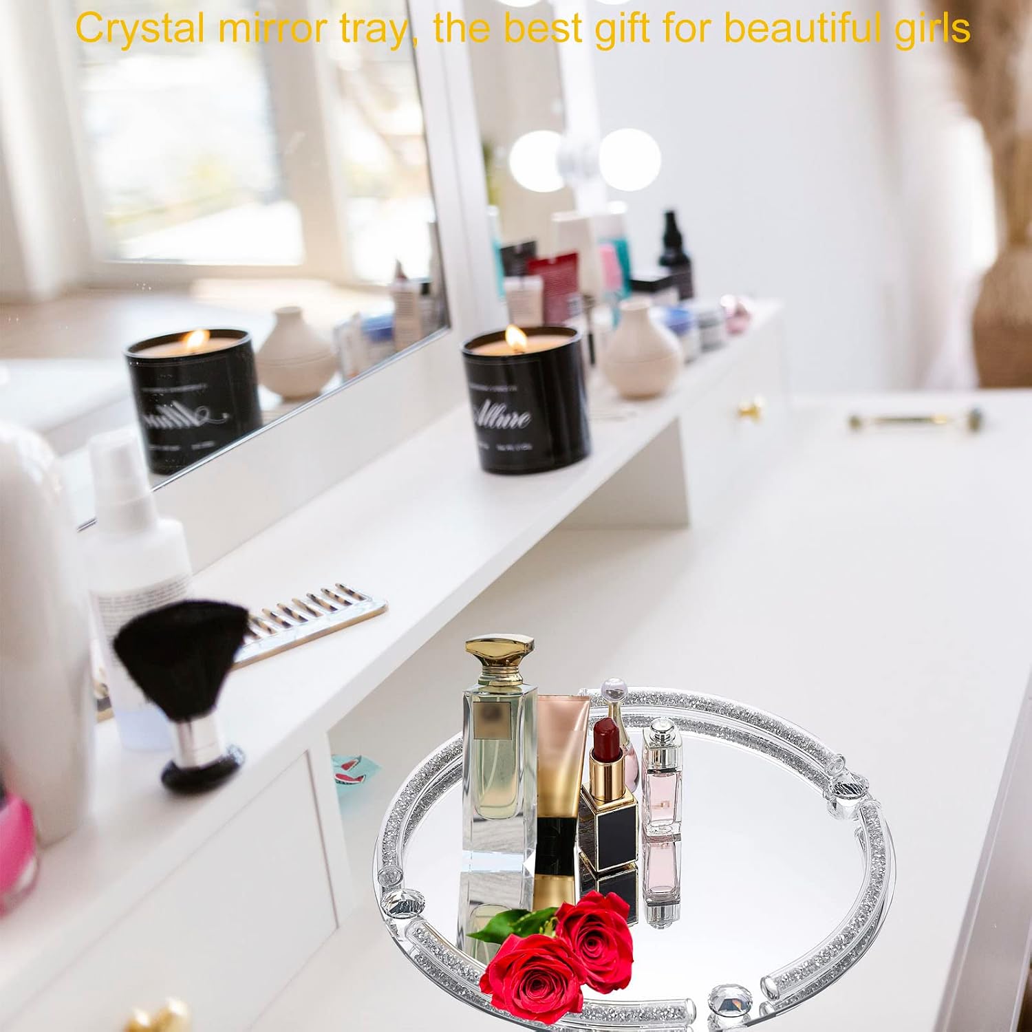 Mirror Glass Makeup Vanity Organizer Filled Crushed Diamond / Silver B / 10 x 10