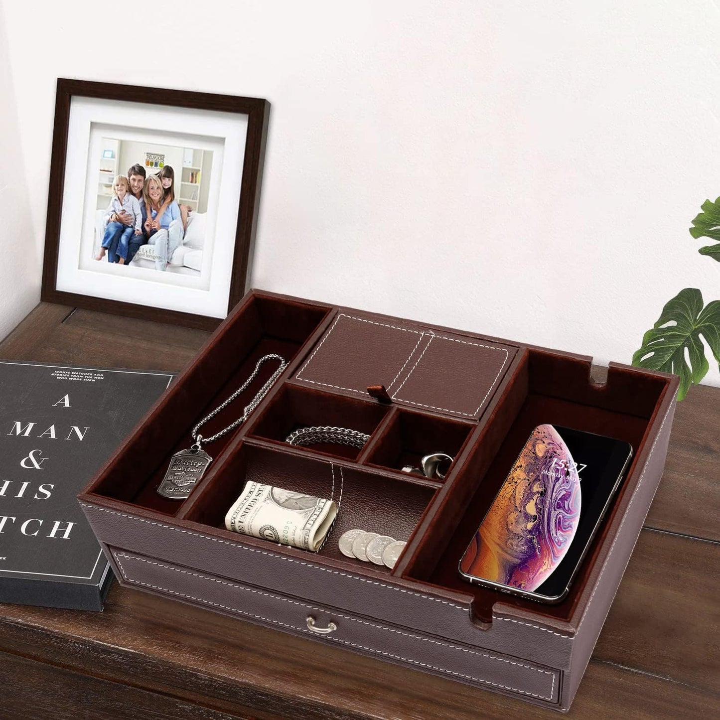 Baoyun Valet Tray for Men, 2 Layers Nightstand Organizers for Men and Women, Leather Jewelry Storage Box, Mens Dresser