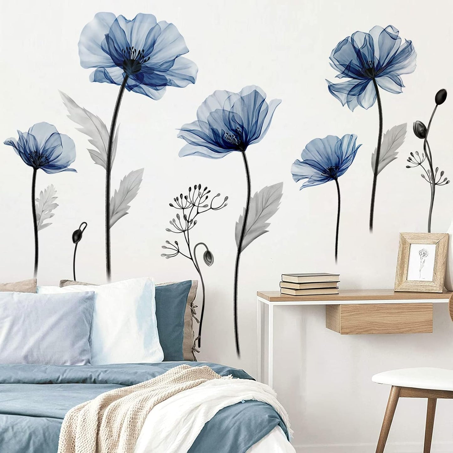 Large Flower Wall Decals Floral Plants Wall Stickers Bedroom Living Room Kitchen Wall Decor / Blue