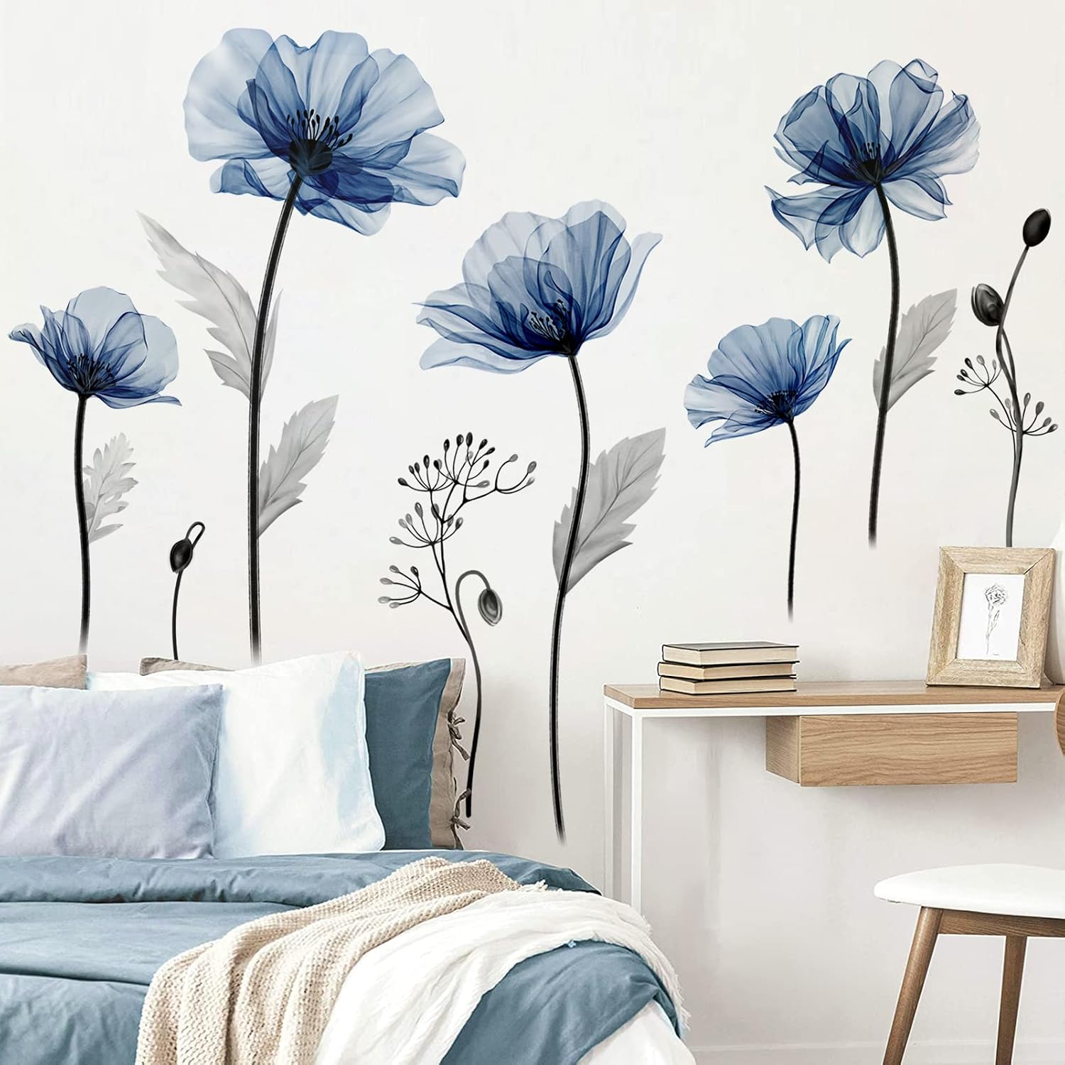Large Flower Wall Decals Floral Plants Wall Stickers Bedroom Living Room Kitchen Wall Decor / Blue
