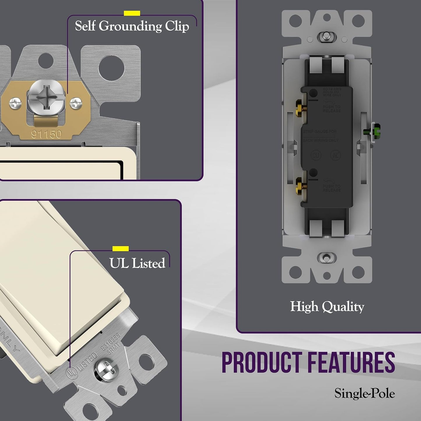 ENERLITES Decorator On/Off Paddle Switch with Wall Plates, Single Pole, 3 Wire, Grounding Screw, Residential Grade, 15A