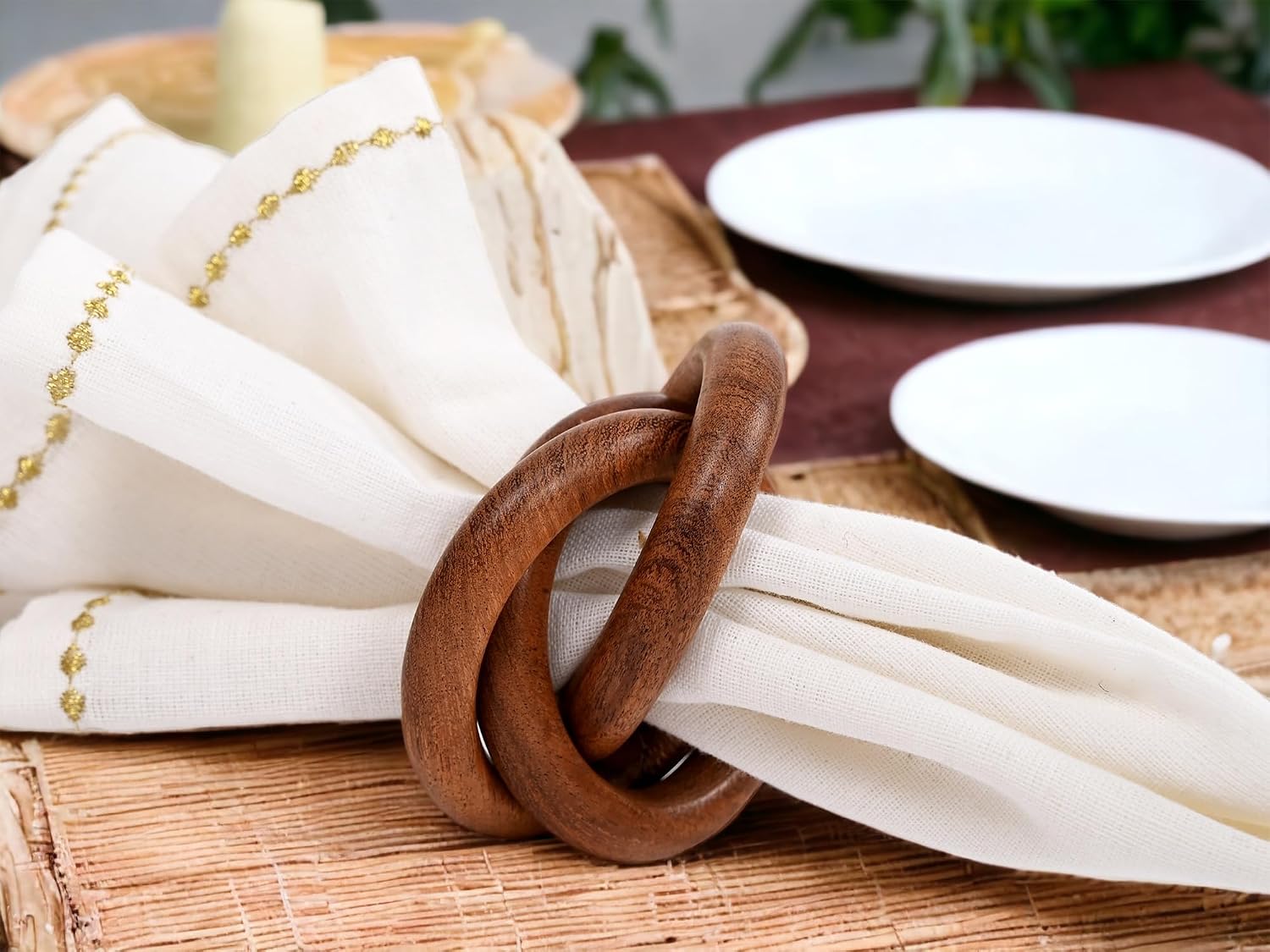 Alpha Living Home Mango Wood Napkin Rings, Set of 12, Brown | Solid mango wood, handcrafted, natural grain, 4x4x2.5 in